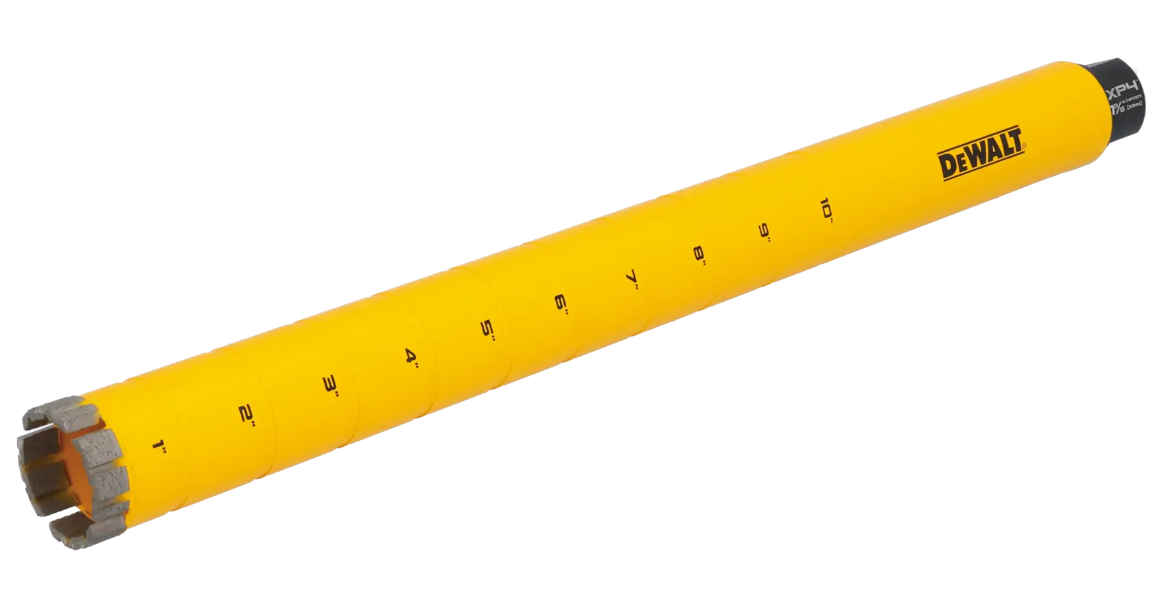 A yellow DEWALT brand cylindrical core drill bit with measurement markings along its length and a metal cutting edge at one end.