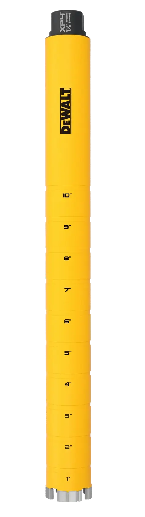A yellow DEWALT telescoping measuring rod with black markings indicating measurements from 1 inch to 10 inches. The rod is cylindrical and has a DEWALT logo printed vertically.