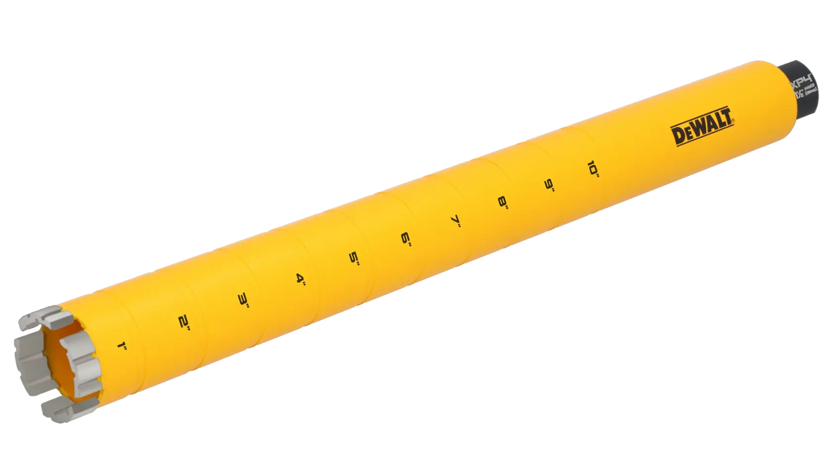 A yellow DEWALT core drill bit with measurement markings along its length and a metal cutting edge on one end, designed for drilling large holes in masonry or concrete.