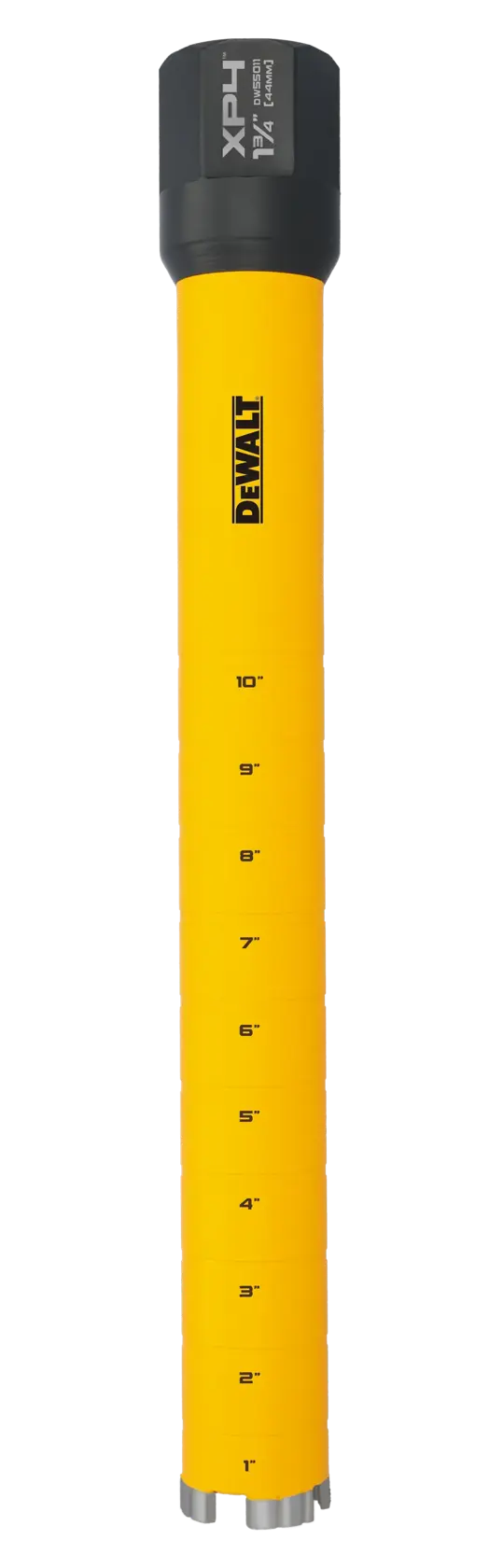 A DEWALT-branded long yellow core drill bit with inch measurements marked along its side and a black top labeled XP4T 1-1/4 in. The bottom has a silver cutting edge.