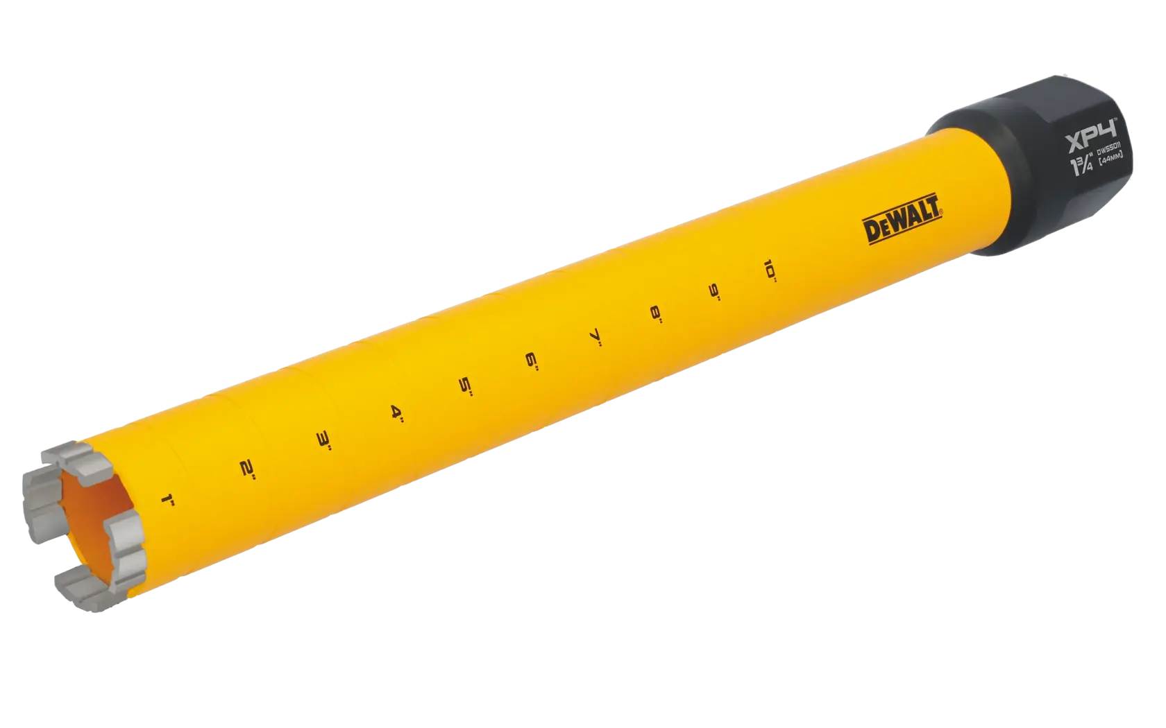 A yellow cylindrical DEWALT branded core drill bit with measurement markings along its side, a black cap at one end, and metal cutting segments at the open end.