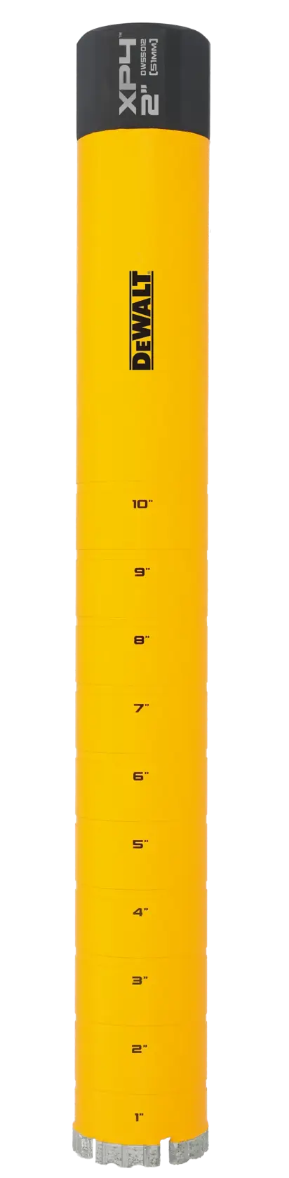 A DEWALT branded yellow cylindrical core drill bit with measurement markings from 1 inch to 10 inches along its length. The top cap is black with product information, and the bottom end has metal cutting edges.