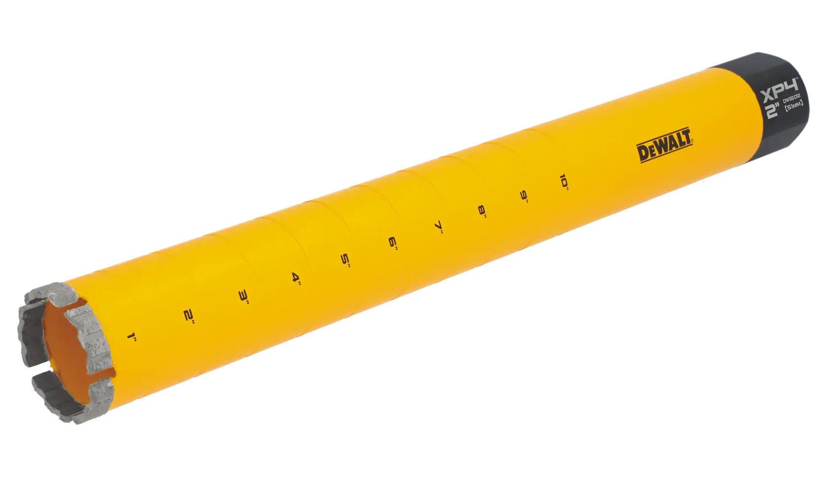A yellow DEWALT branded cylindrical core drill bit with measurement markings along its length and a segmented diamond cutting edge at one end.