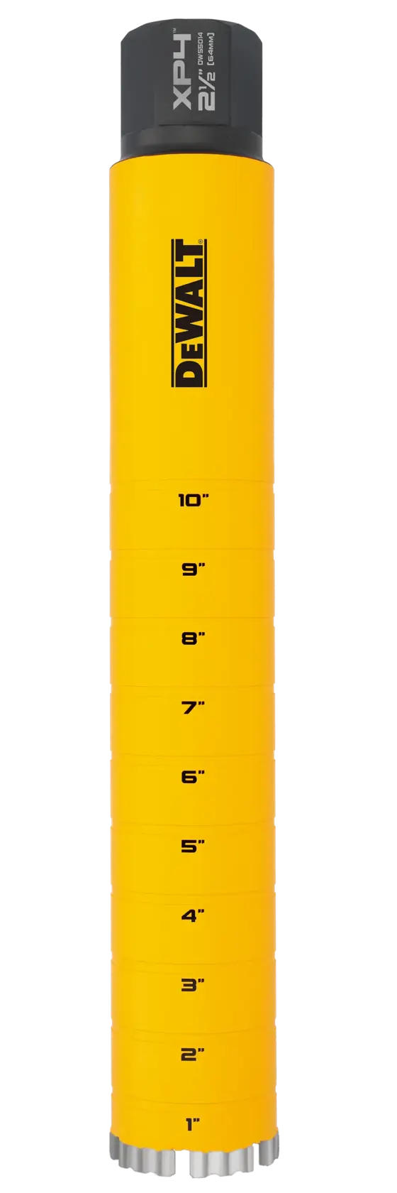 A yellow cylindrical DEWALT core drill bit with inch markings from 1 to 10 inches along the side and a black cap labeled XP4 2-1/2 inch at the top.