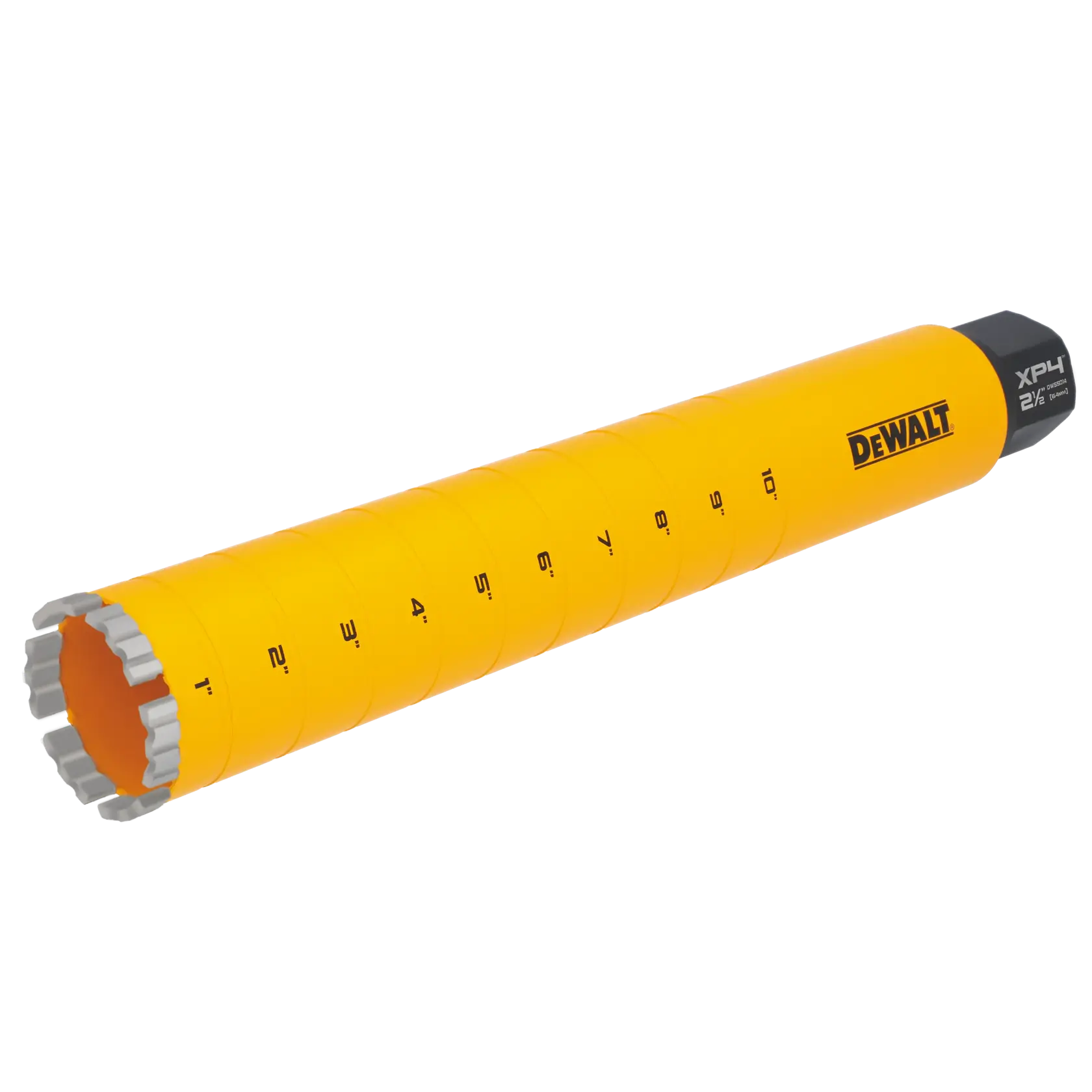 A DEWALT branded yellow core drill bit with measurement markings in inches along its side and silver-colored cutting segments on the drilling end.