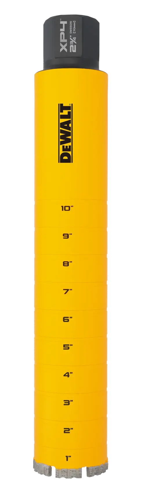 A DEWALT-branded yellow cylindrical core drill bit with measurement markings from 1 inch to 10 inches along the side, used for drilling concrete or masonry, shown upright against a white background.