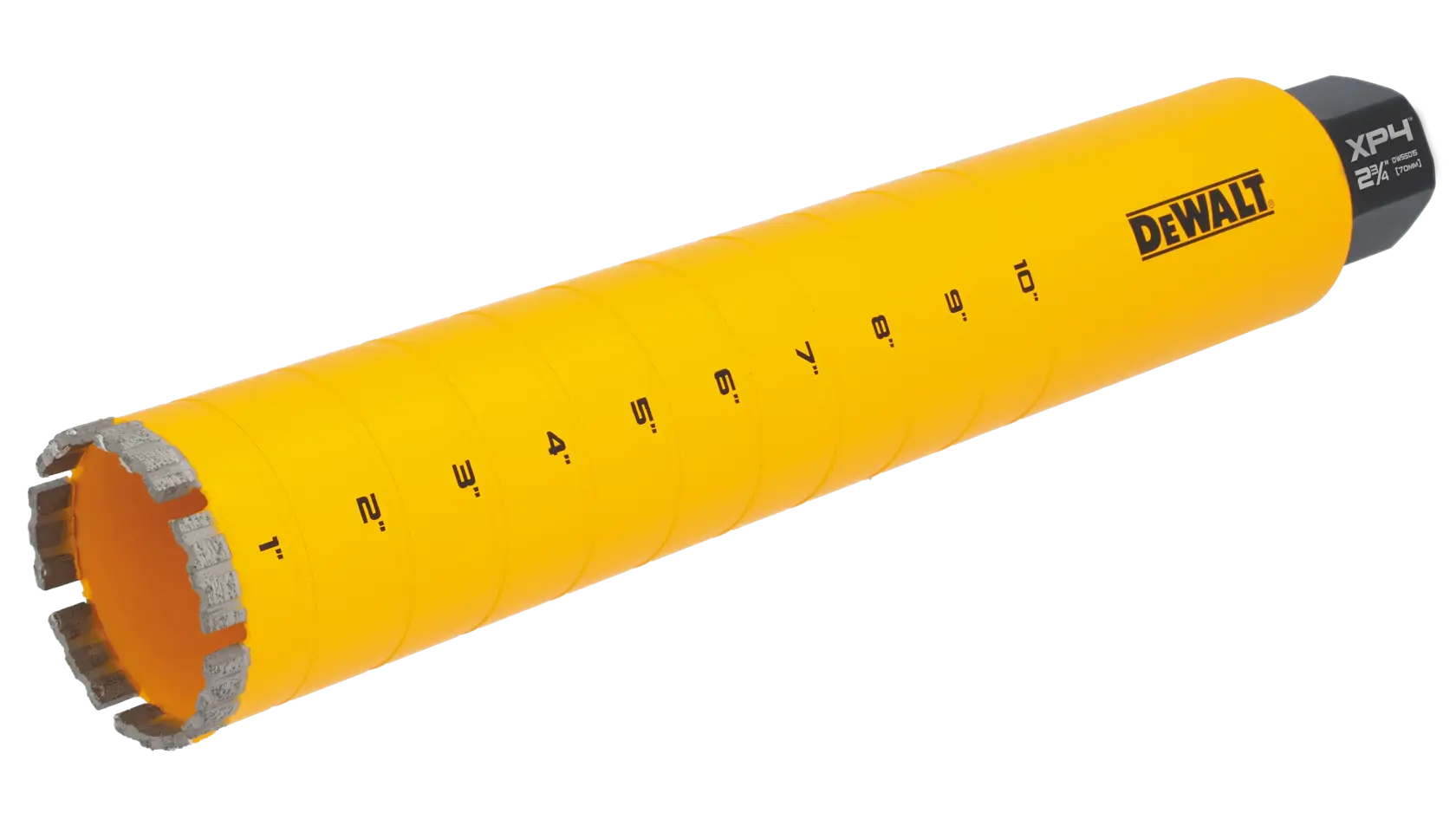 A yellow DEWALT branded core drill bit with measurement markings along its length and a segmented cutting edge.