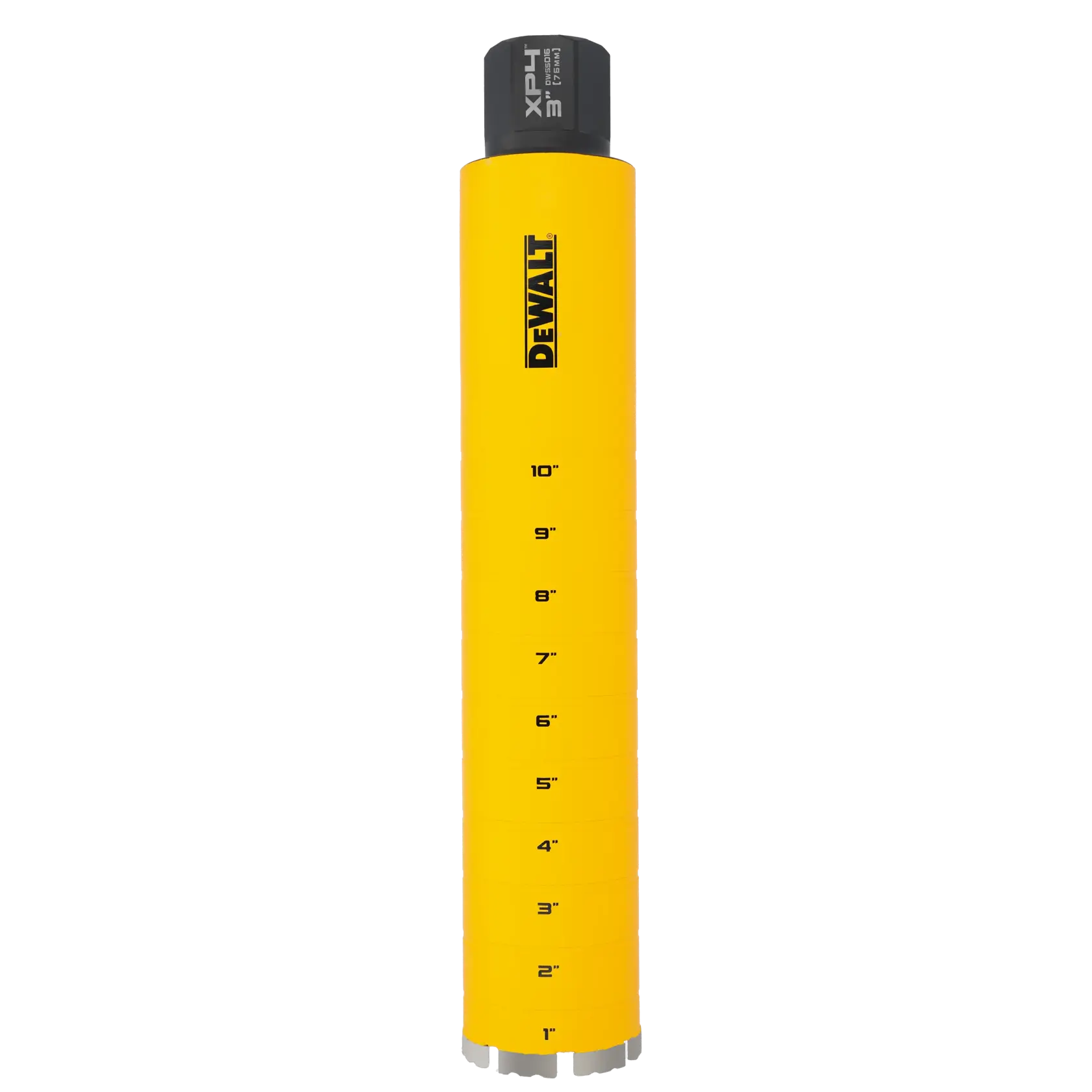 A DEWALT branded yellow core drill bit with marked depth measurements from 1 inch to 10 inches, featuring a black connector labeled XP4, designed for heavy-duty drilling applications.