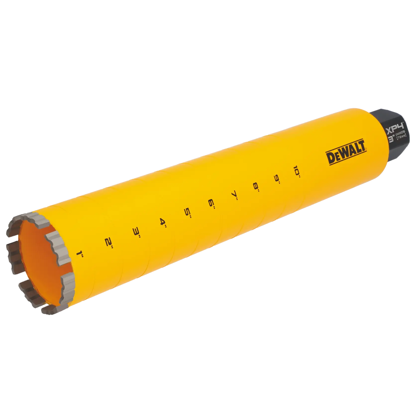 A yellow cylindrical DEWALT core drill bit with measurement markings along its length and segmented cutting teeth at one end.