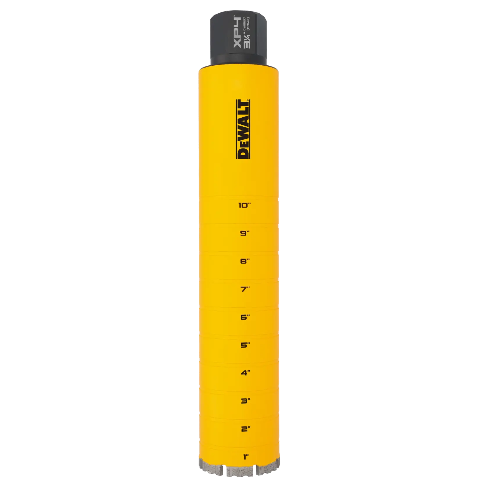 A yellow cylindrical DEWALT branded tool, likely a core drill bit, marked with inch measurements from 1 to 10 along the side.