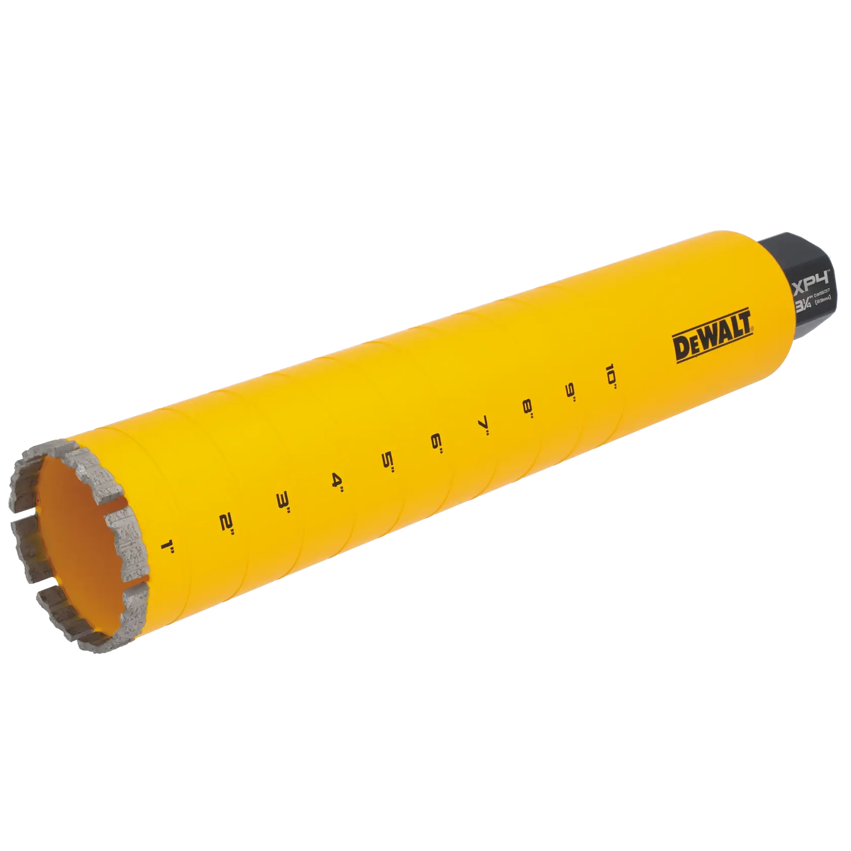 A DEWALT branded yellow cylindrical core drill bit with segmented diamond tip, measurement markings in inches from 1 to 10 along the side, photographed against a white background.