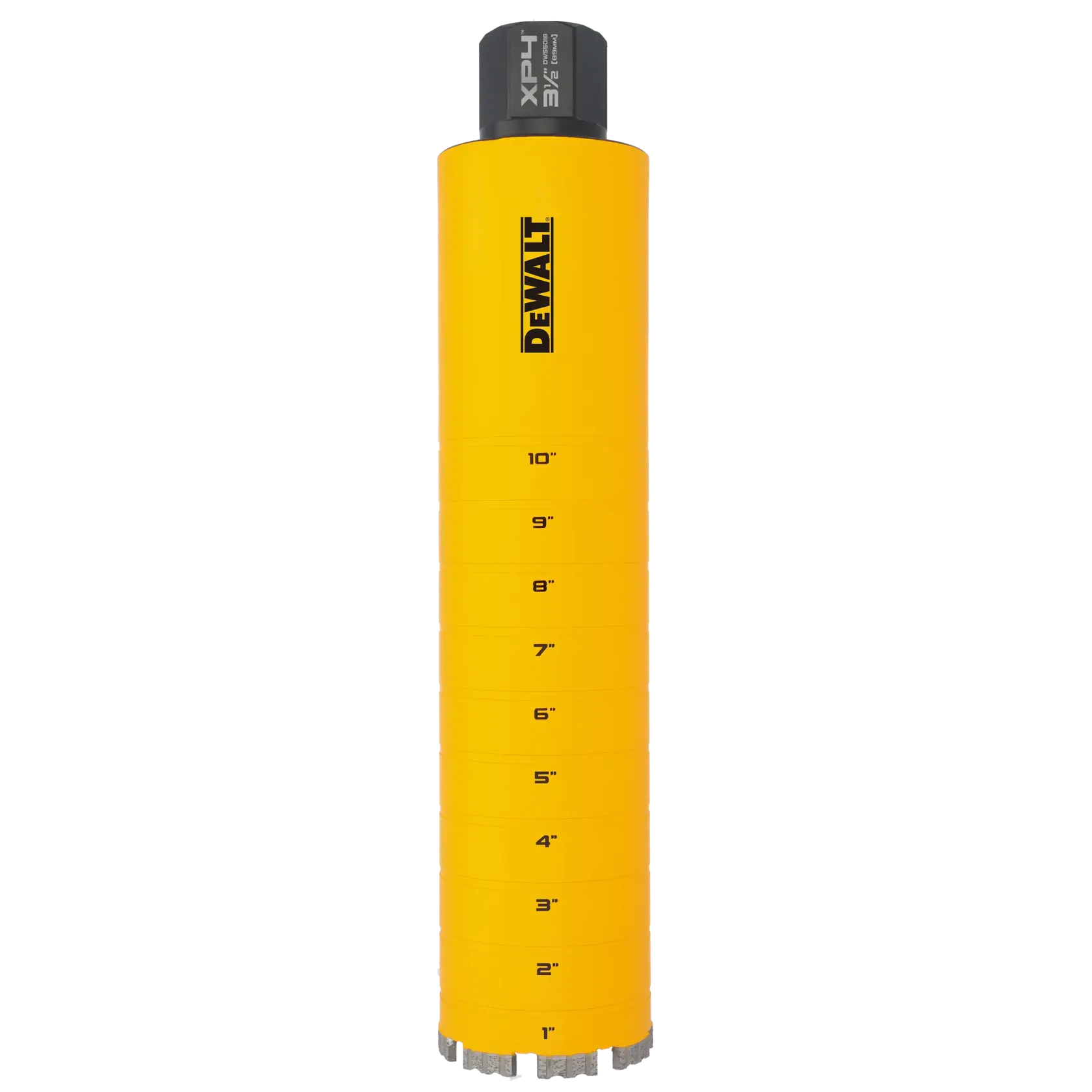 A DEWALT branded cylindrical core drill bit in yellow, featuring length markings from 1 inch to 10 inches along its side. The drill bit has a black connector labeled 'XPH 3-1/2'.