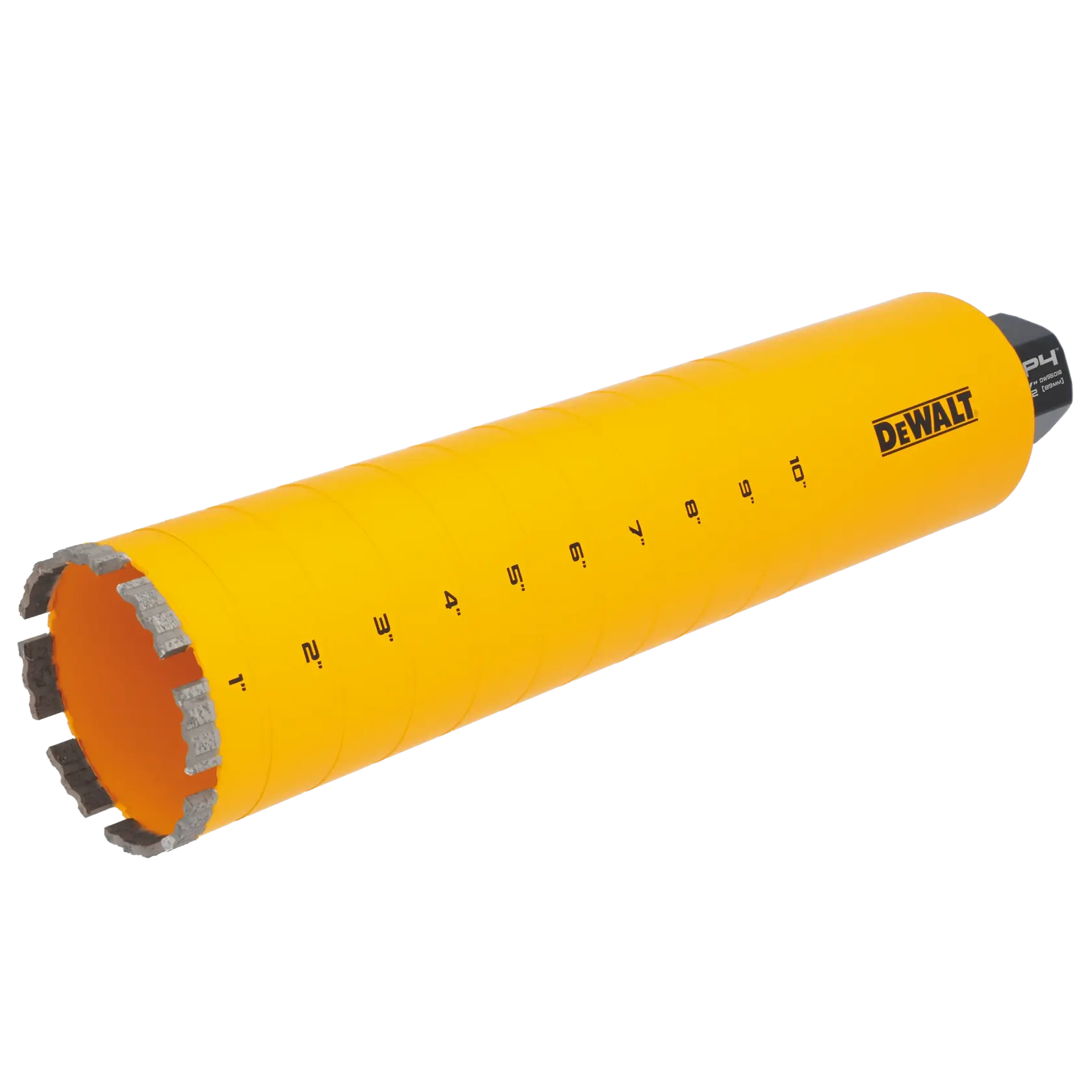 A yellow cylindrical DEWALT core drill bit with measurement markings in inches along its length and segmented cutting edges at the open end.