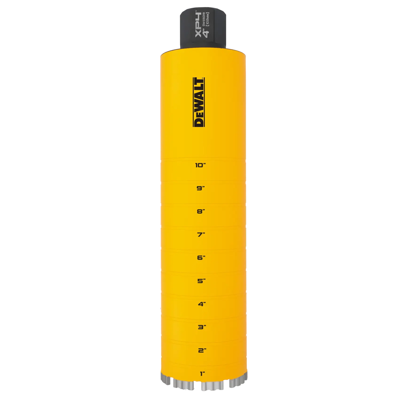 A yellow cylindrical DEWALT core drill bit with depth markings from 1 inch to 10 inches, designed for drilling into concrete or masonry. The top features a black connector labeled XP4 4.
