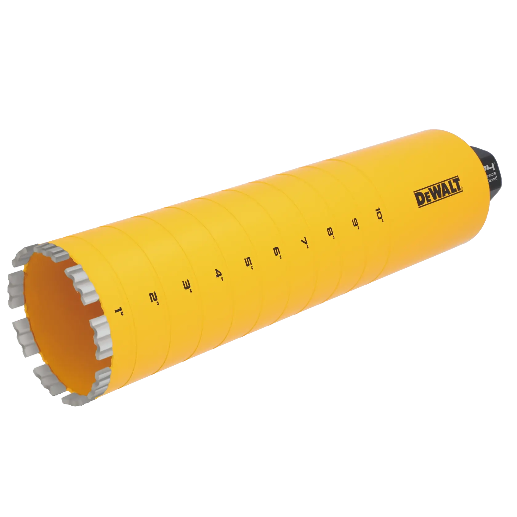 A yellow cylindrical DEWALT core drill bit with segmented silver cutting edges and inch markings along the side.