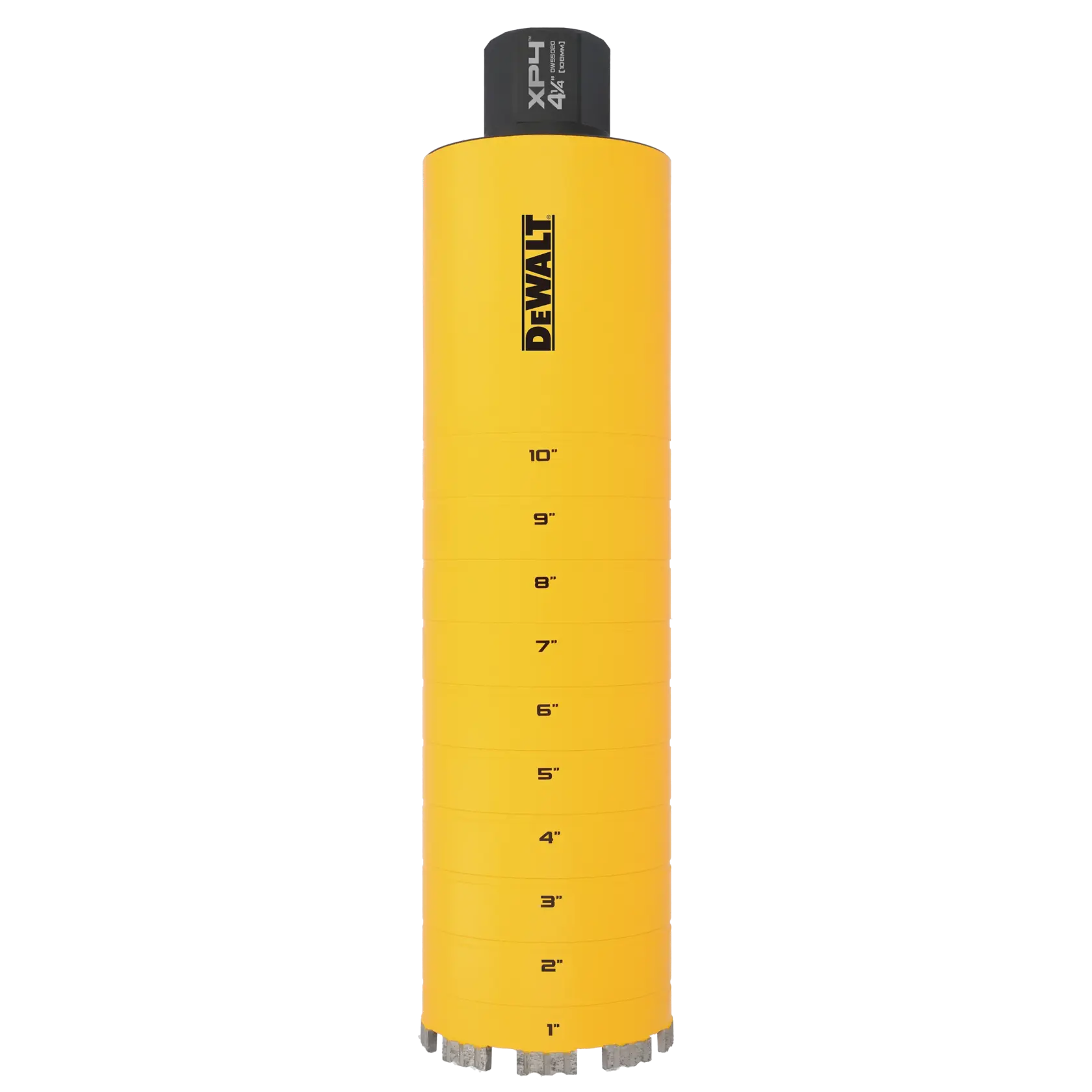 A DEWALT brand yellow cylindrical tool with segment markings from 1 inch to 10 inches, likely a core drill bit, standing upright with a black connector labeled 'XPL4'.