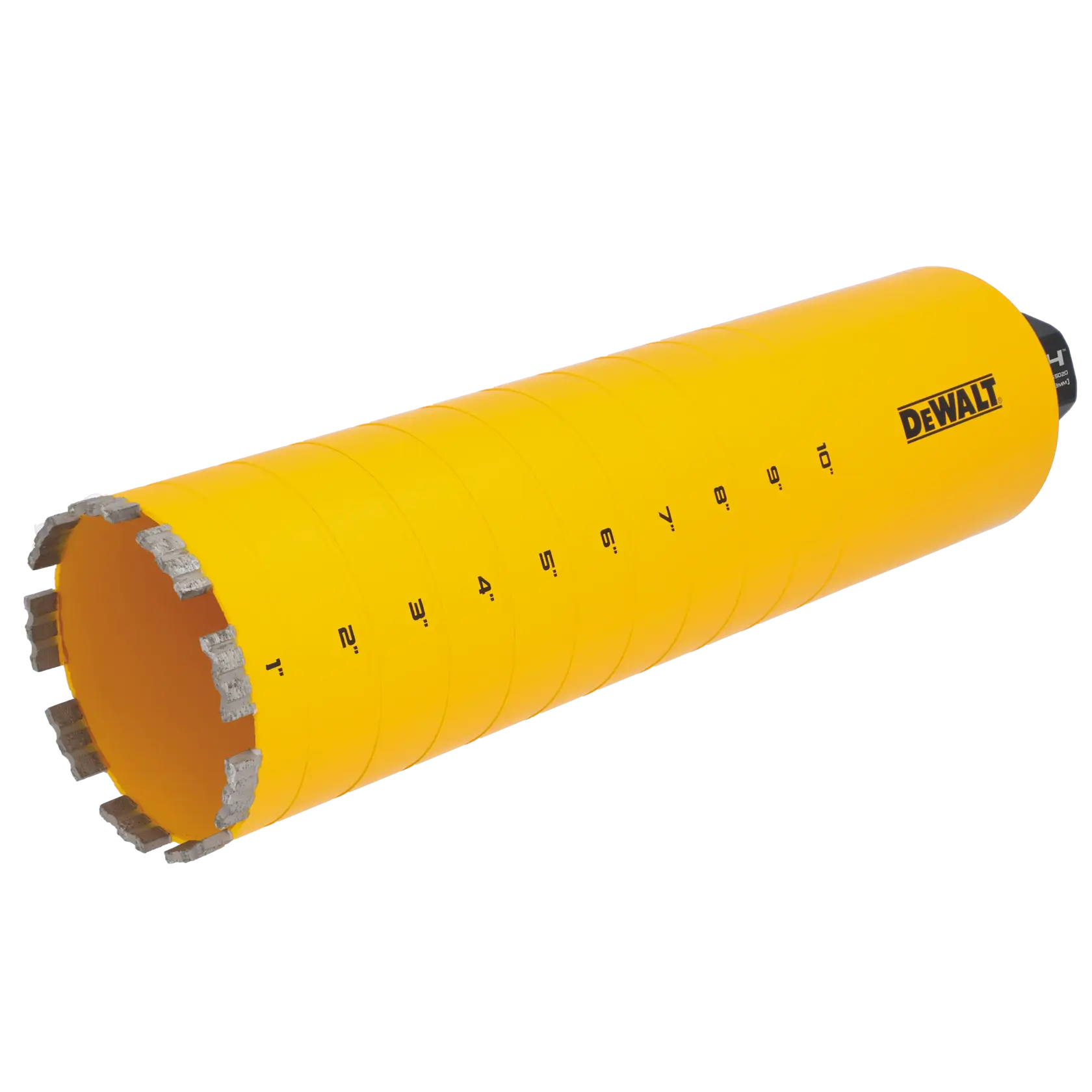 A yellow DEWALT branded cylindrical core drill bit with silver cutting segments on one end and inch measurement markings along the side.