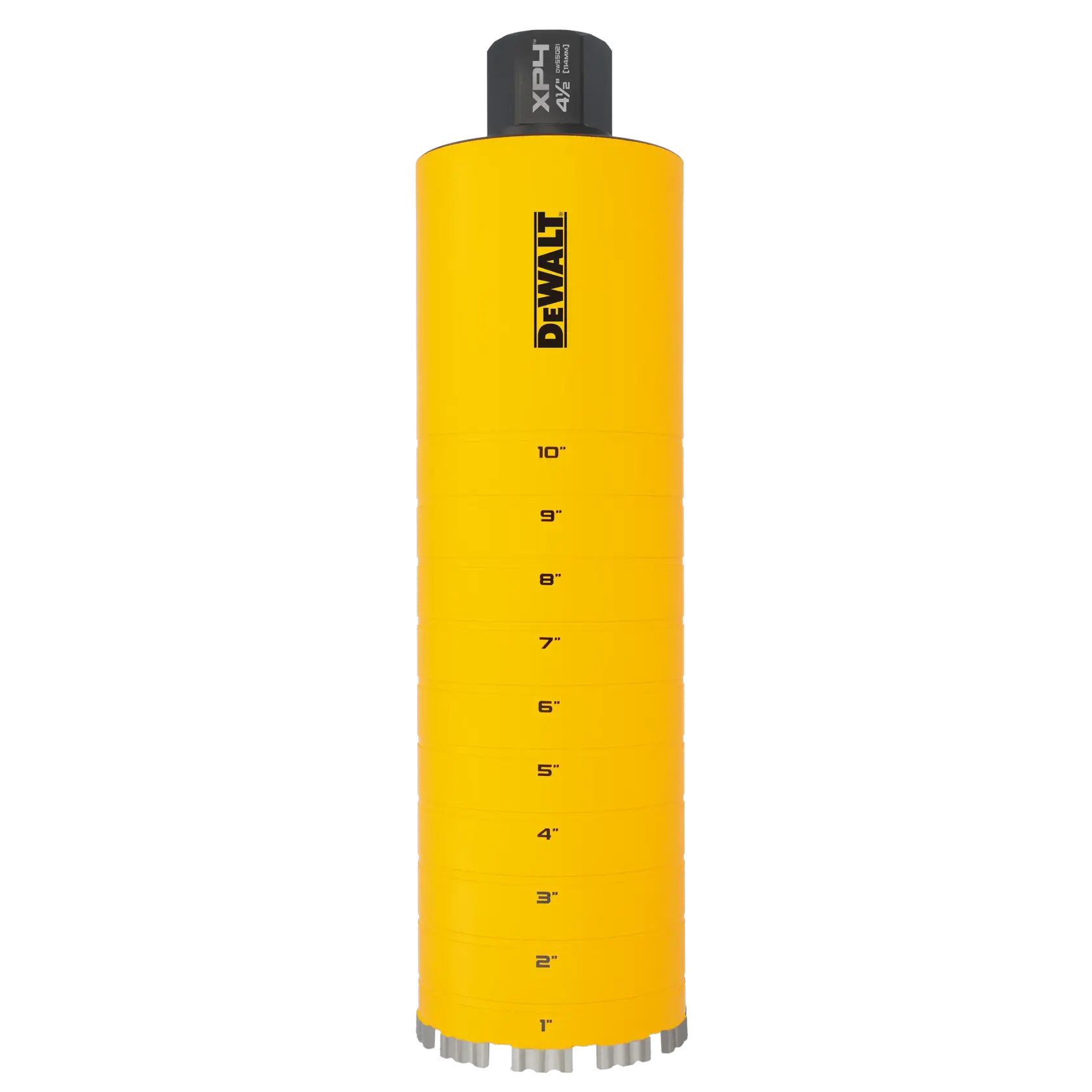 A yellow DEWALT core drill bit with size markings from 1 inch to 10 inches, cylindrical in shape with metal cutting teeth at the bottom.