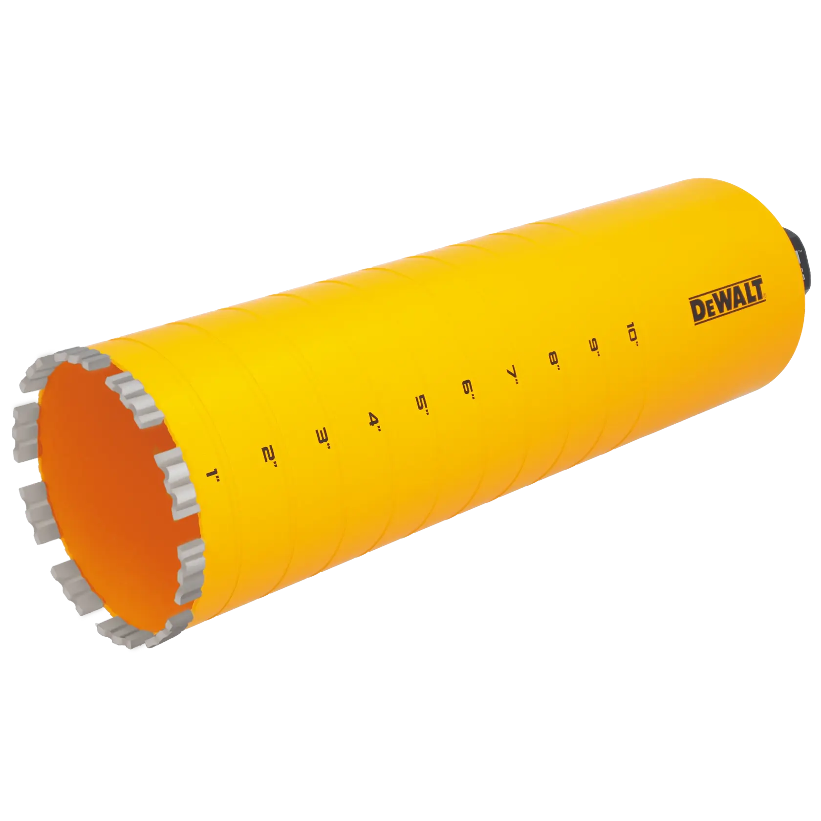 A yellow cylindrical DEWALT core drill bit with segmented cutting teeth and measurement markings along the side.