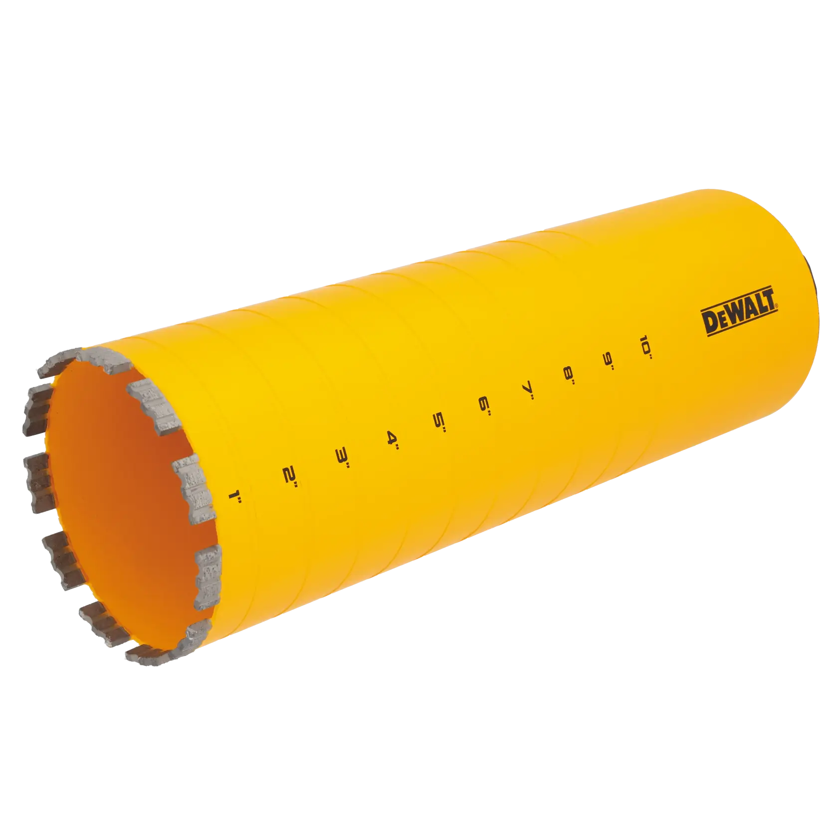A yellow cylindrical DEWALT core drill bit with segmented cutting edge and measurement markings along the side.