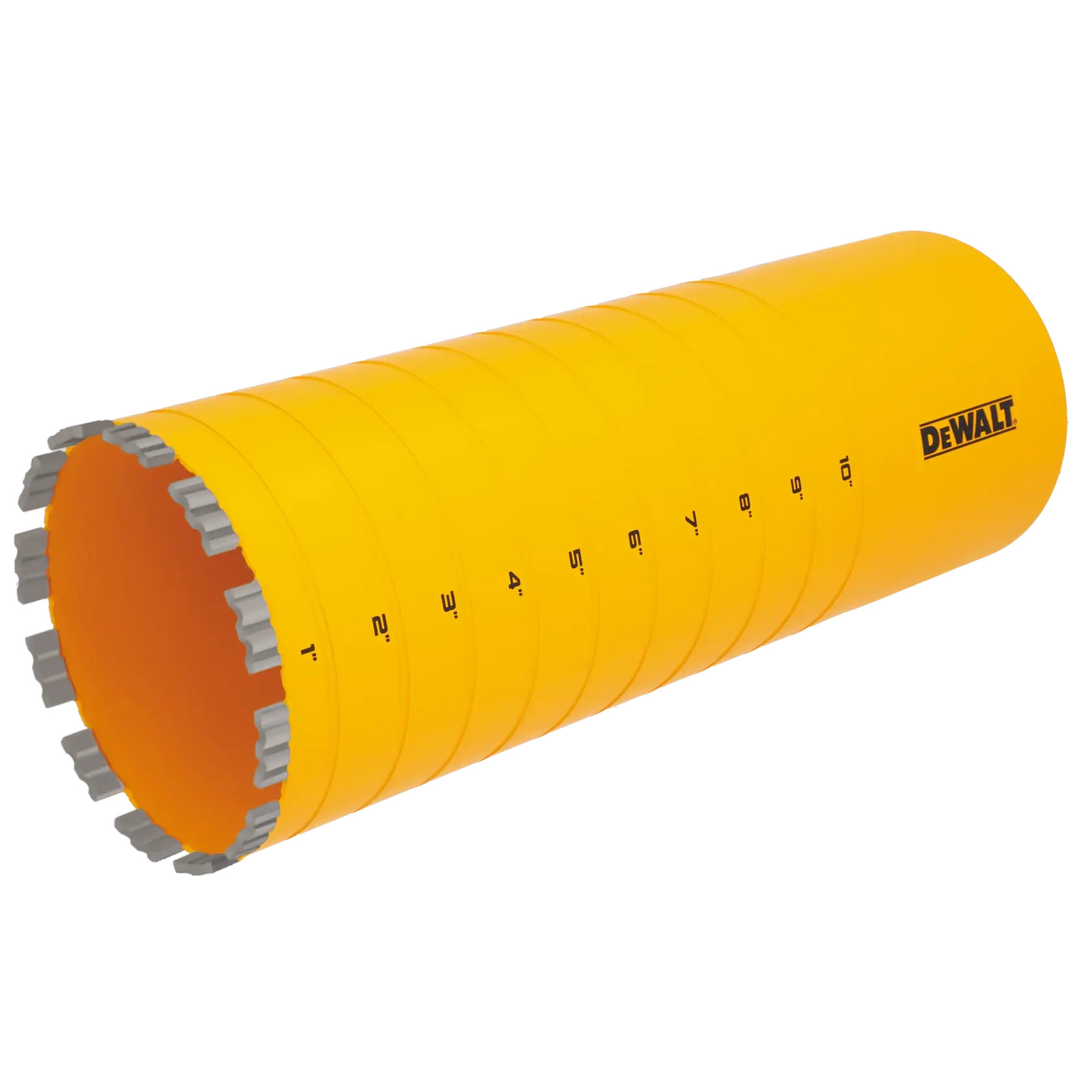 A yellow DEWALT core drill bit with gray cutting segments, labeled with inch measurements from 1 to 10 along the side.
