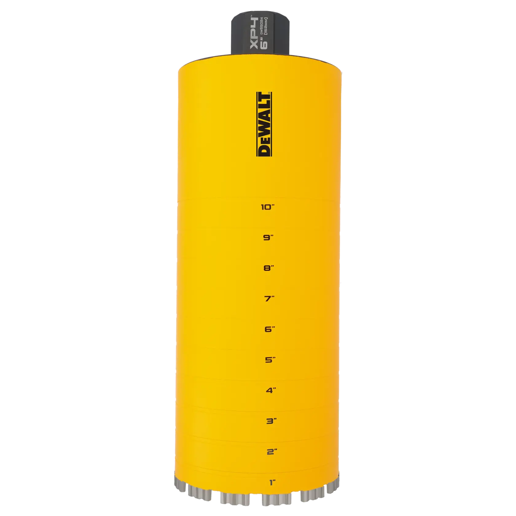 A yellow DEWALT branded cylindrical tool with inch measurements marked from 1 to 10 on the side, and a metallic base with cutting segments. This appears to be a core drill bit used for drilling into concrete or masonry.