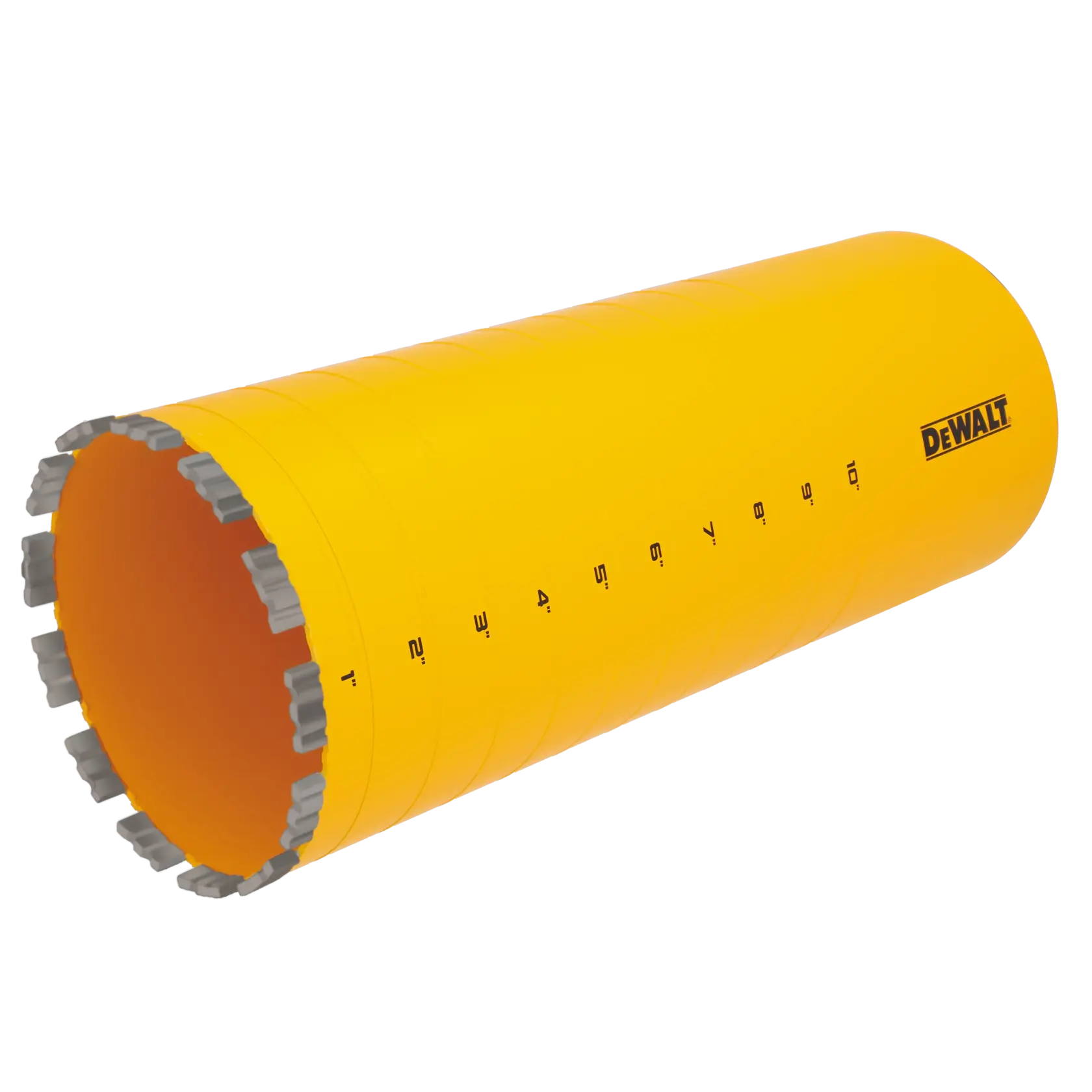 A yellow cylindrical DEWALT core drill bit with serrated cutting edges and measurement markings in inches along the side.