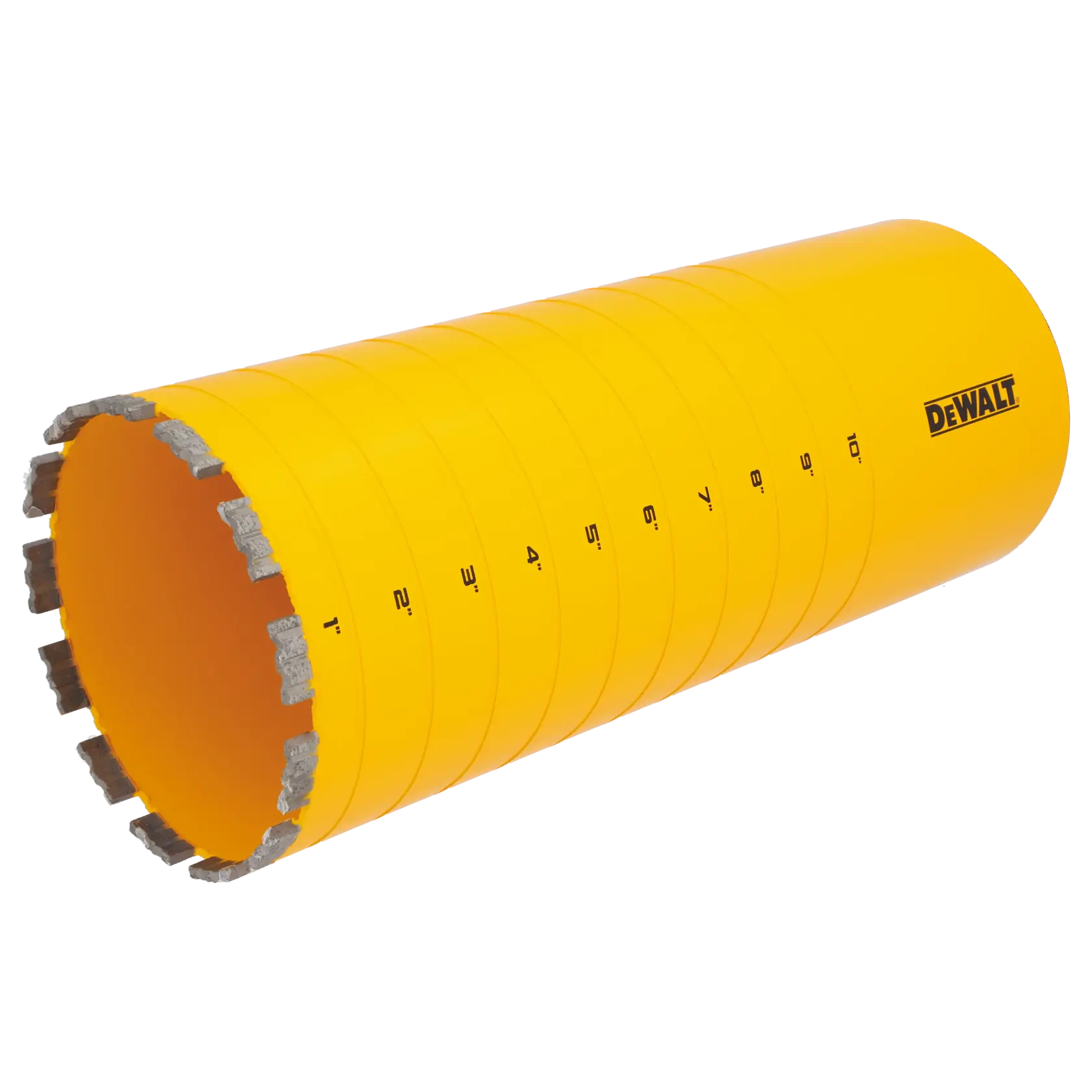 A yellow cylindrical tool with a segmented cutting edge, used for core drilling. It has measurement markings from 1 to 10 inches and a DEWALT logo printed on the side.