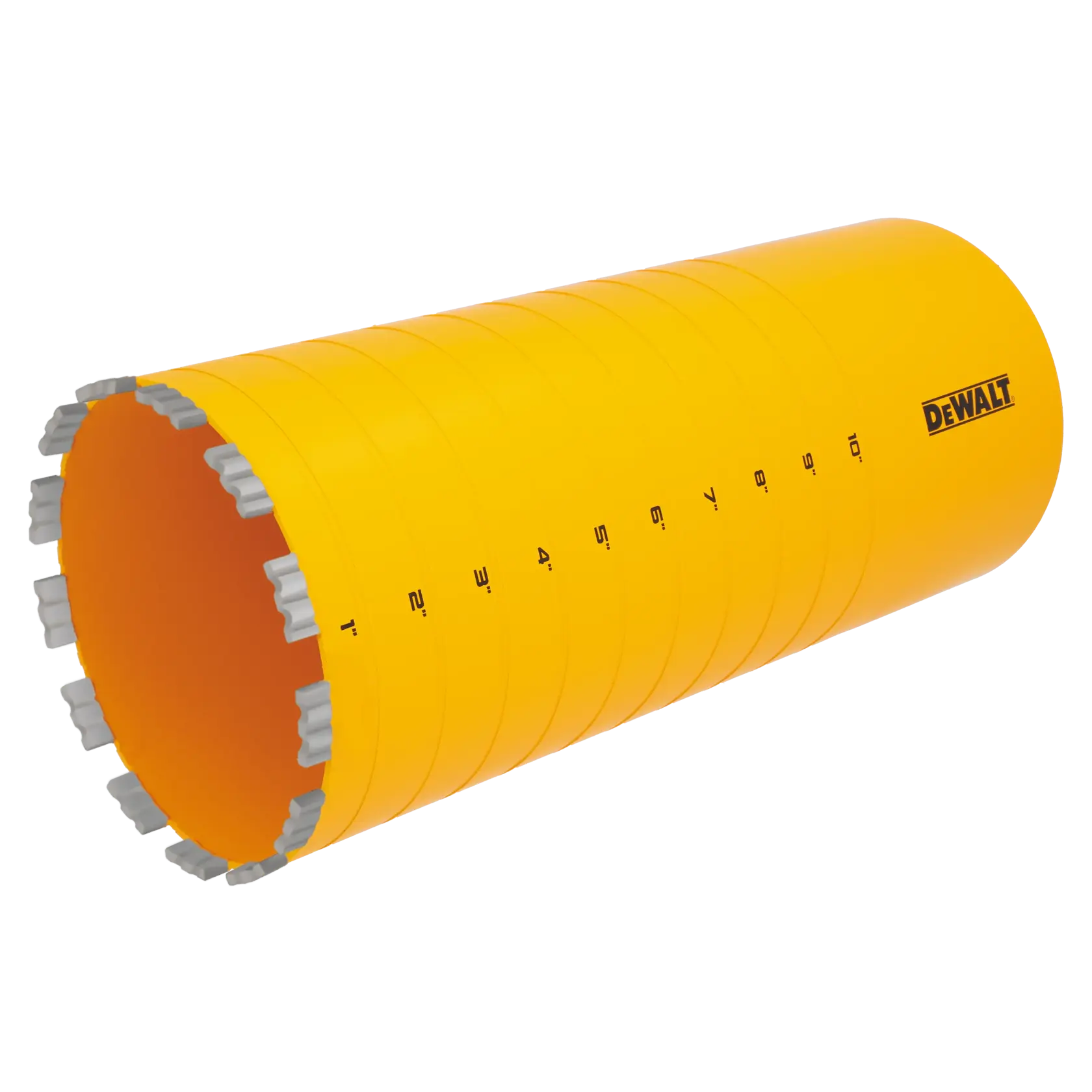 A yellow cylindrical core drill bit with marked measurement increments and metal cutting segments around its open edge. The DEWALT brand logo is visible on the side.