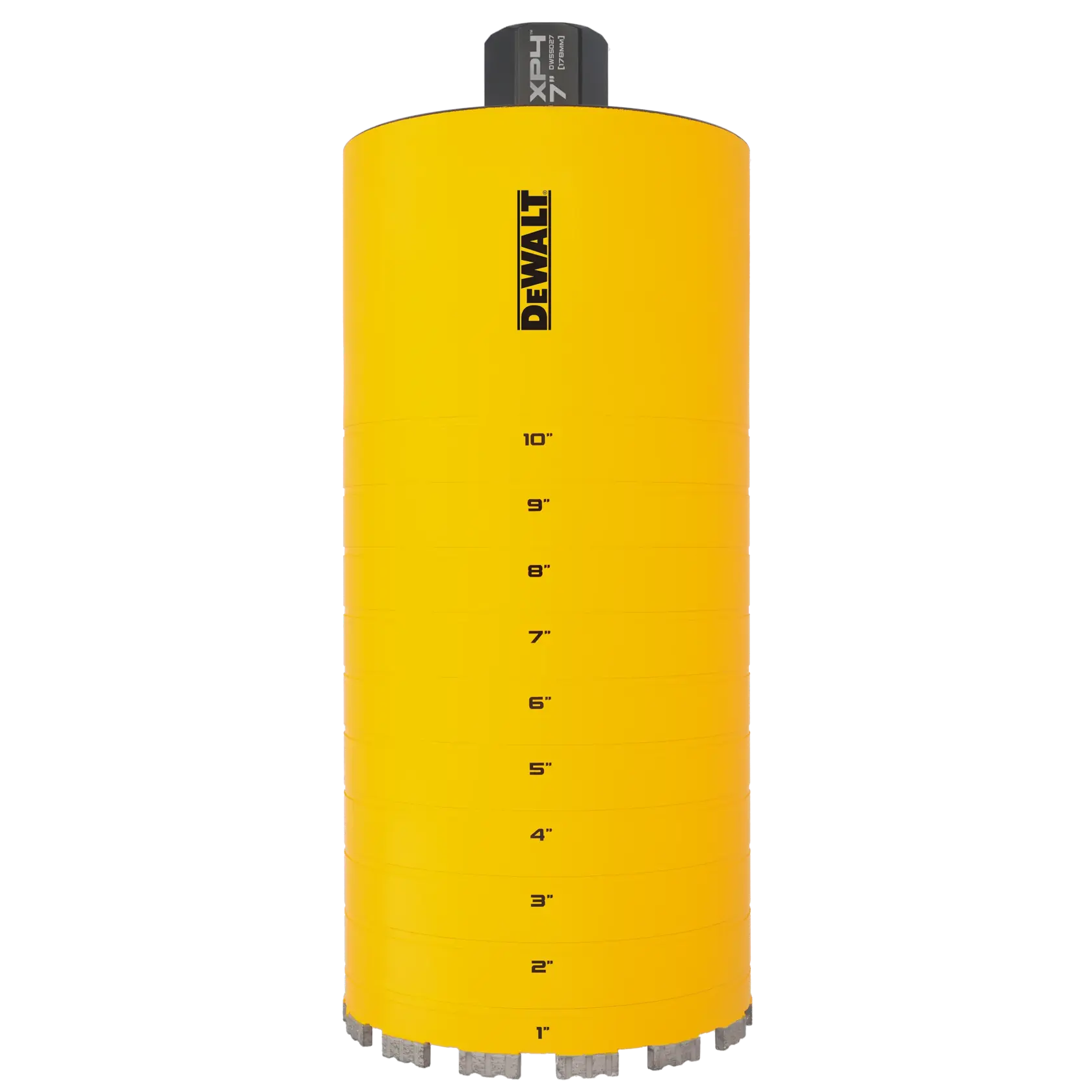 A large yellow DEWALT core drill bit with depth markings in inches and a black top attachment.