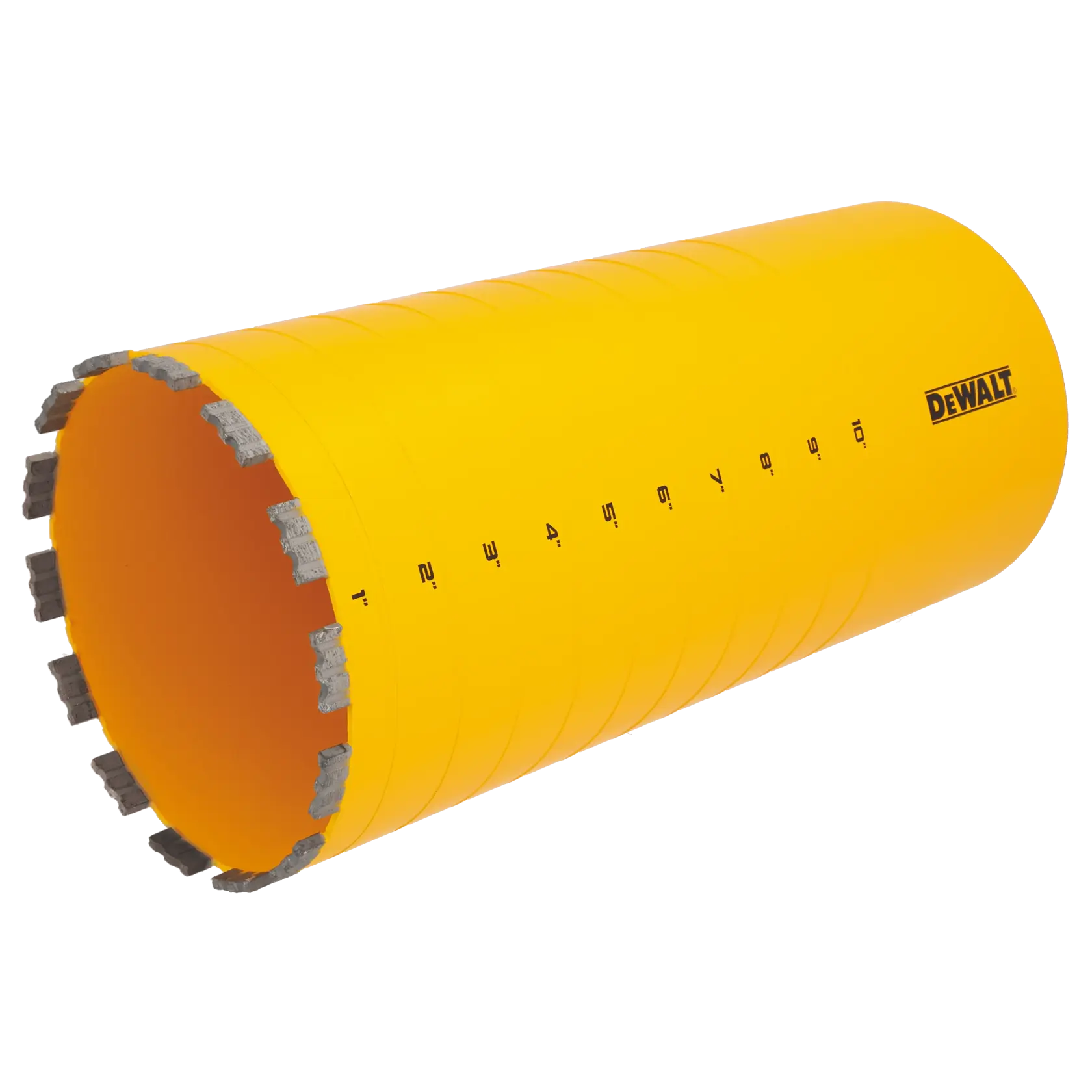 A yellow cylindrical DEWALT core drill bit with marked measurement increments and metal cutting teeth around the open end.