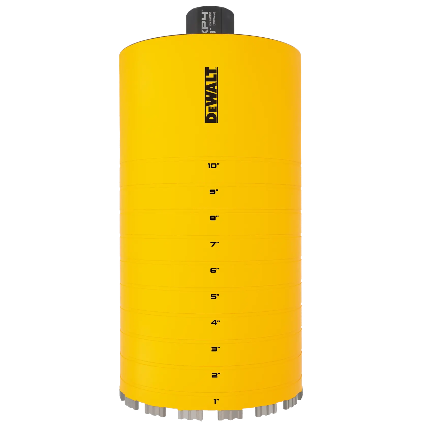 A large yellow cylindrical DEWALT branded core drill bit with size markings from 1 inch to 10 inches. The drill bit has a metal cutting edge at the bottom.