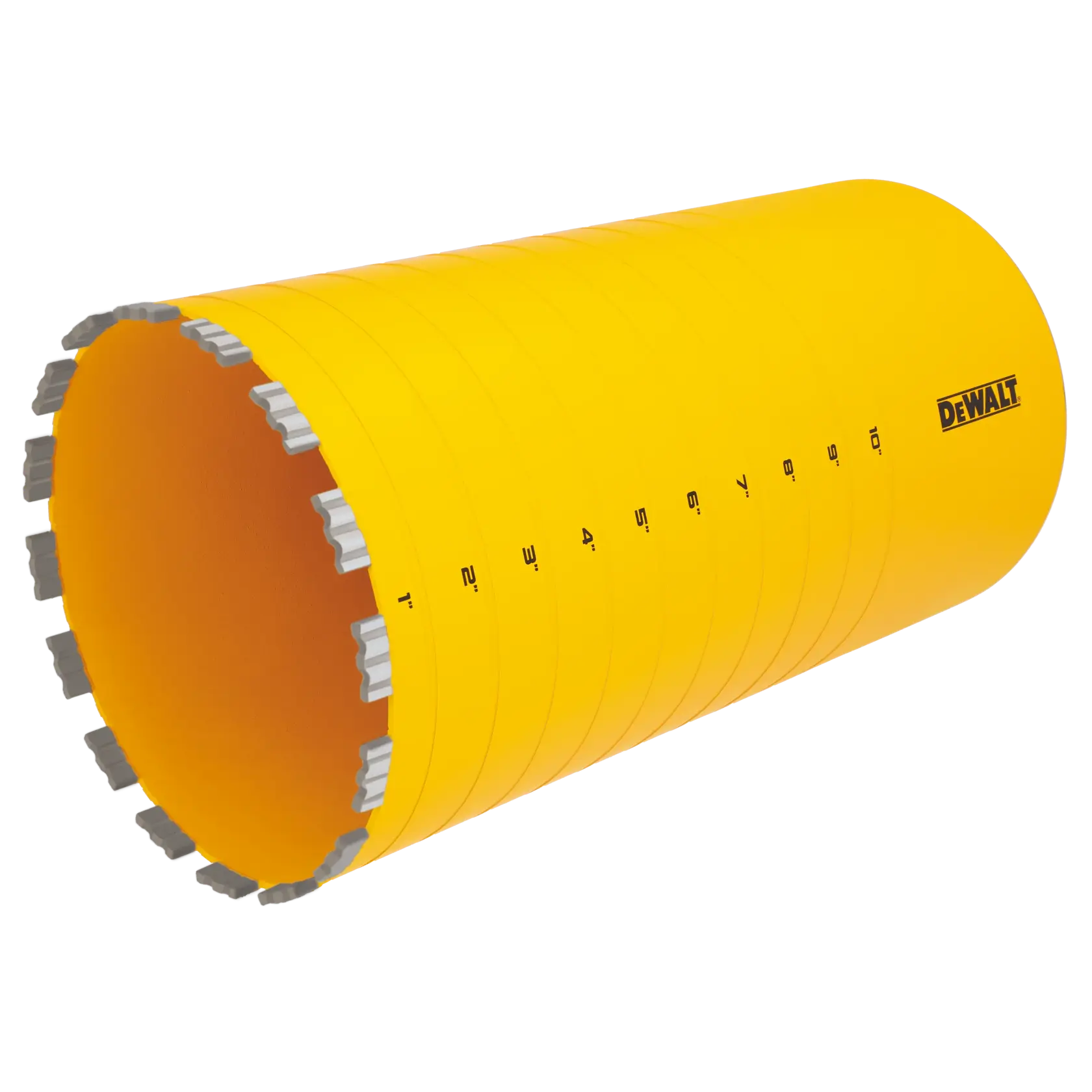 A yellow DEWALT branded cylindrical core drill bit with segmented cutting edges and measurement markings along its side.