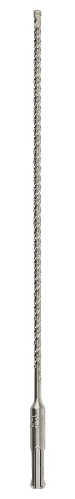 A long, silver masonry drill bit with a spiral flute design, shown vertically on a white background.