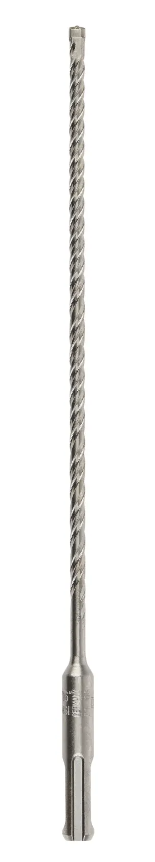A long, silver-colored masonry drill bit with a spiral shaft and an SDS shank, shown standing upright against a white background.