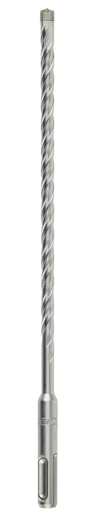 A long, silver masonry drill bit with a spiral design and an SDS shank, photographed on a white background.