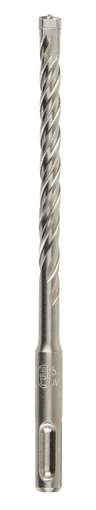 A close-up image of a metal SDS drill bit with a spiral design for masonry, used with rotary hammer drills.