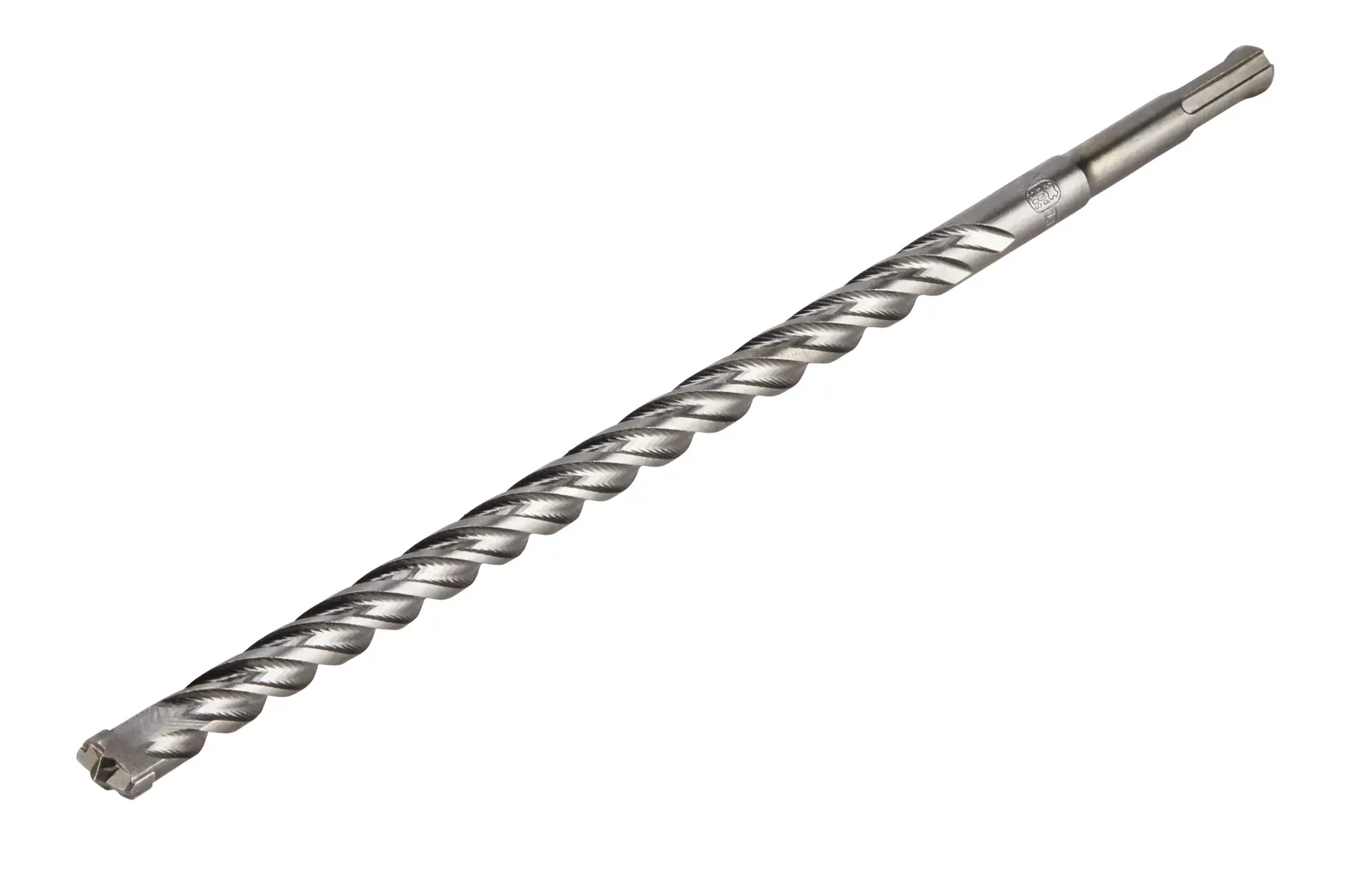 A long, twisted metal drill bit designed for use with hammer drills, shown against a white background.