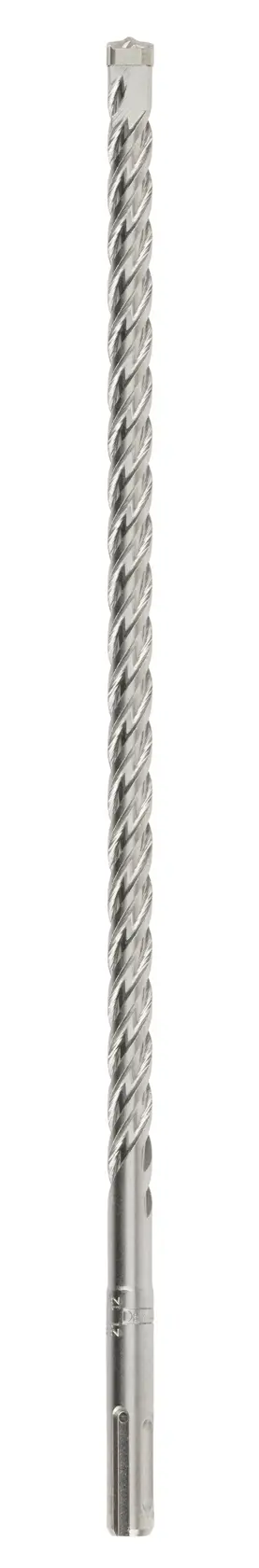 A long, silver-colored masonry drill bit with a spiral design.
