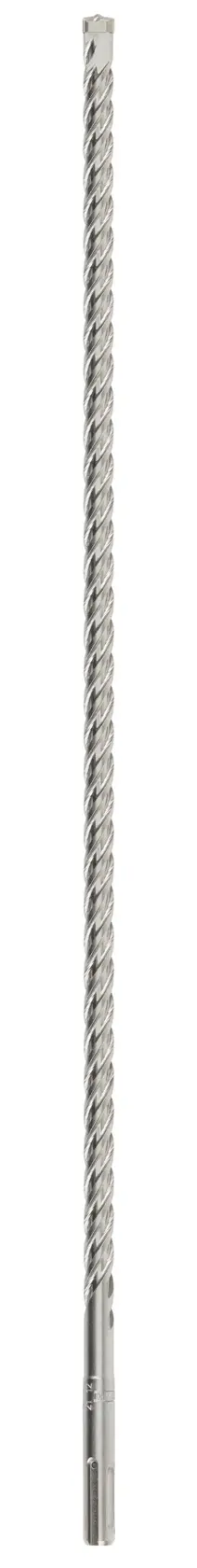 A long, silver masonry drill bit with a spiral flute design, used for drilling into concrete or stone surfaces.