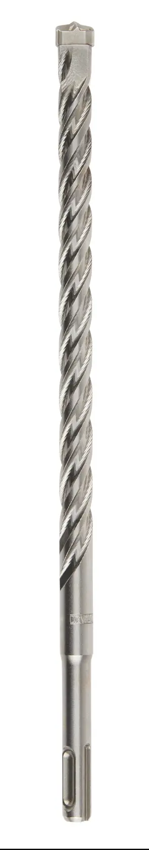 A single long, metallic SDS masonry drill bit with a spiral groove design and flat drilling head, displayed upright on a white background.