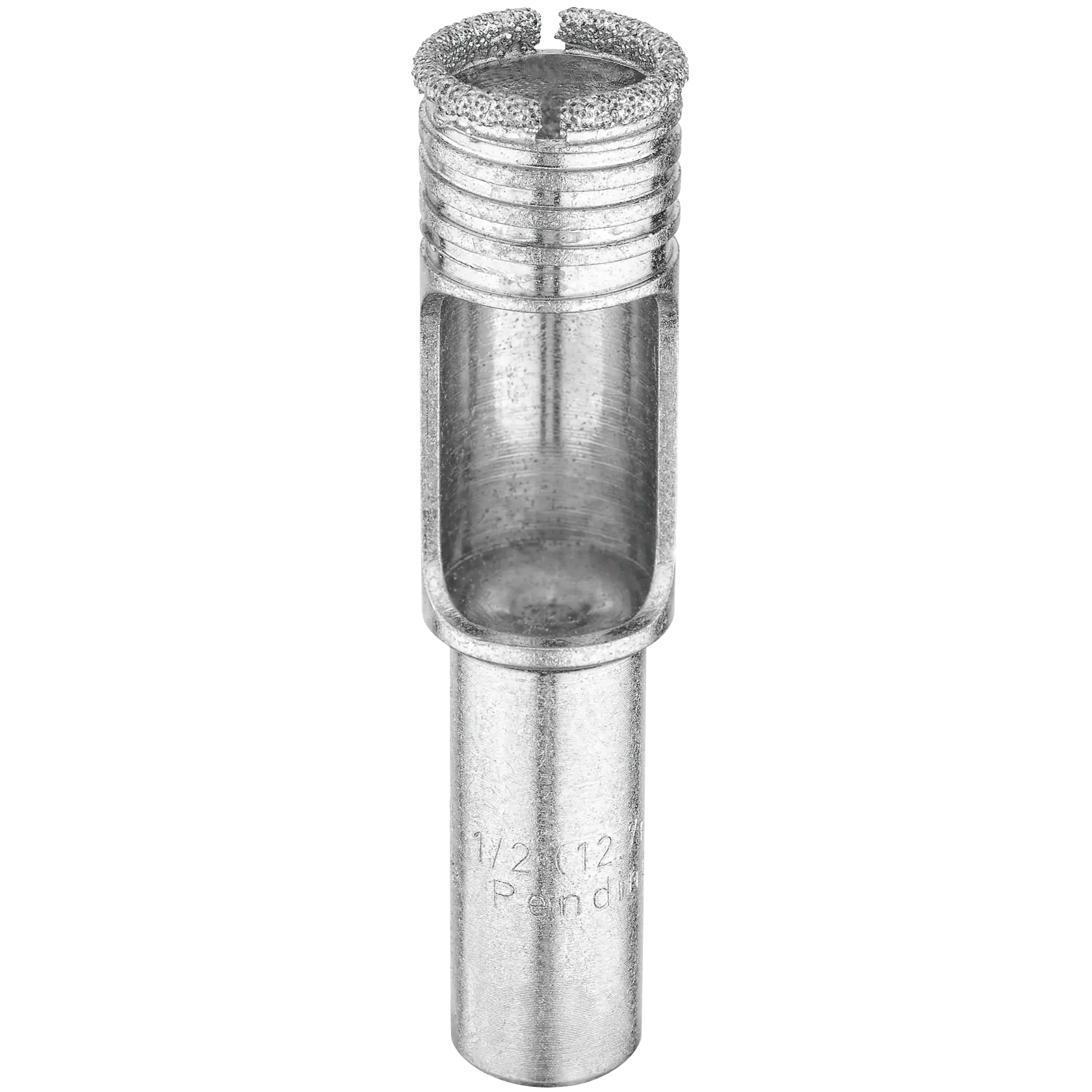 A close-up image of a DEWALT silver diamond drill bit, showing the cylindrical body and open slot for dust removal.