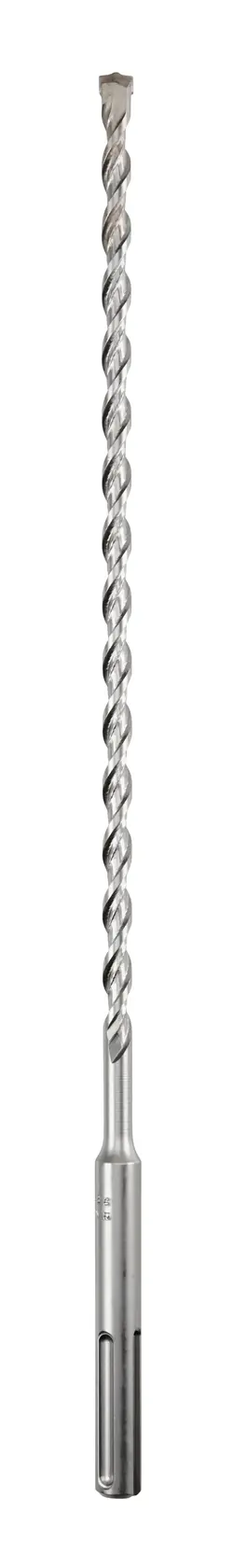 A long, silver-colored masonry drill bit with a spiral design and an SDS shank, standing vertically against a white background.