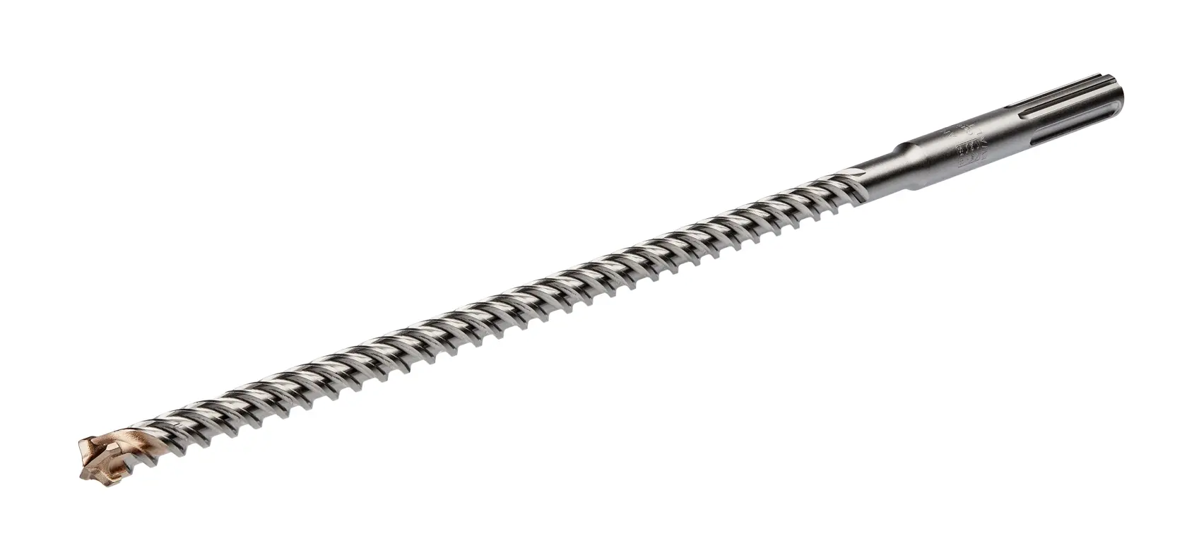 A long, metal spiral drill bit with a carbide tip, designed for use with rotary hammer drills. The background is plain white.
