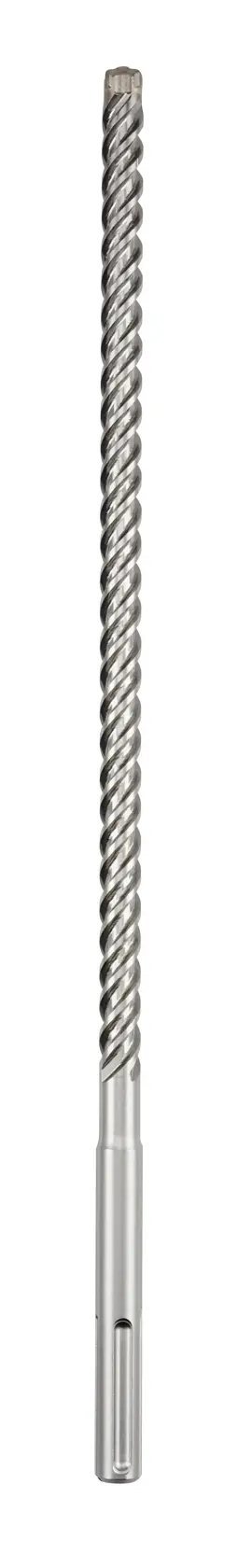 A long, metal masonry drill bit with spiral grooves, designed for use with hammer drills.