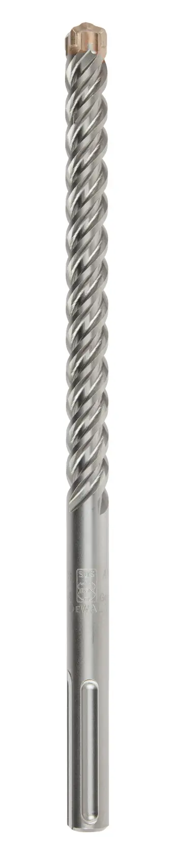 A single silver-colored hammer drill bit with a spiral flute design and pointed tip, photographed on a white background.