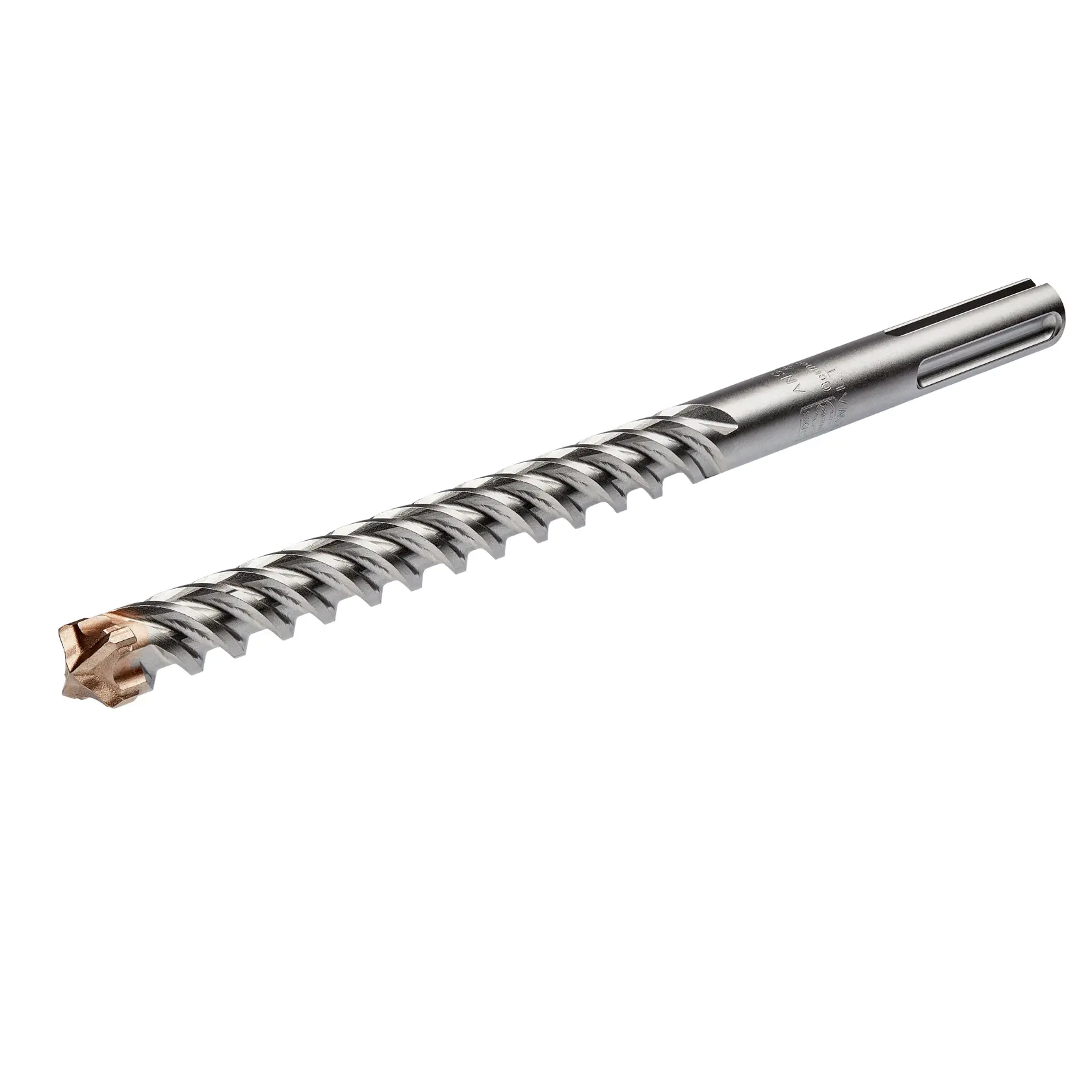 A close-up image of a DEWALT SDS Max rotary hammer drill bit, showing its spiral fluted shaft and carbide tip.