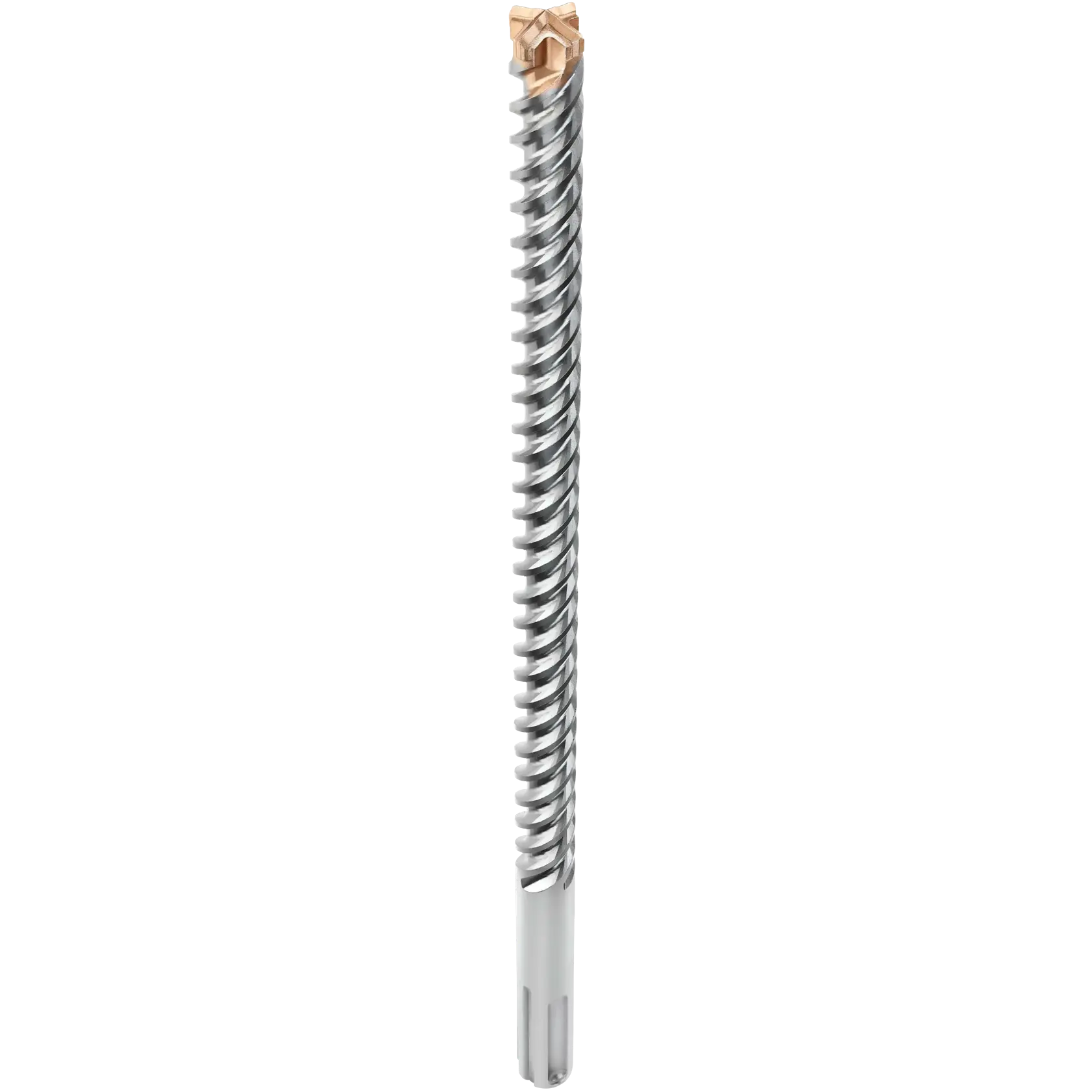 A single spiral-shaped DEWALT masonry drill bit with a carbide tip, designed for heavy-duty use in concrete and stone. The bit has a silver body and a pointed tip for efficient drilling.