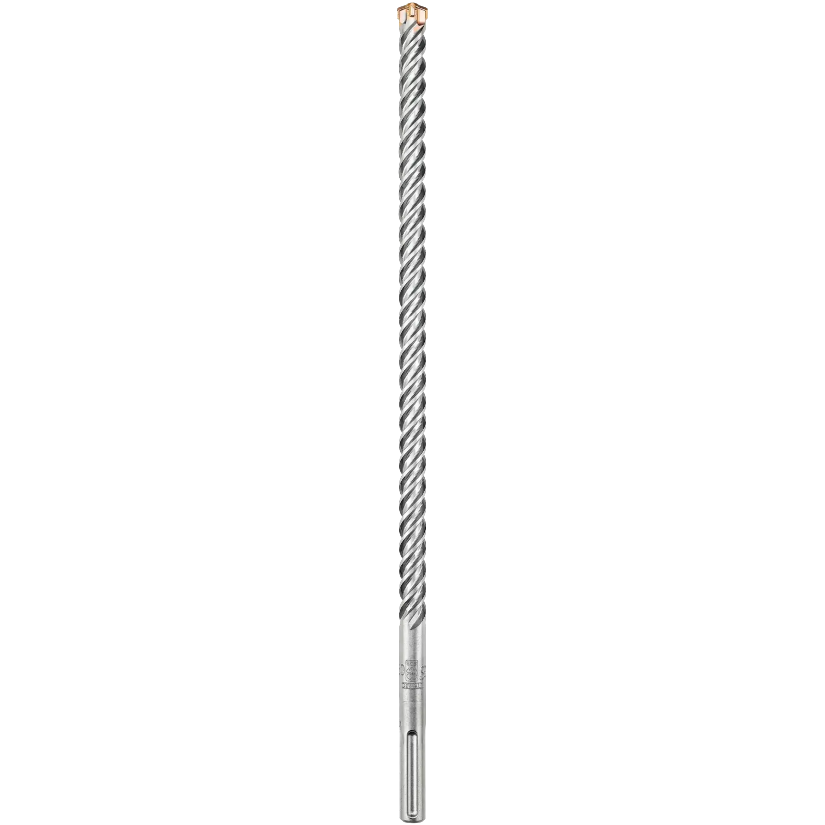 A straight-on photo of a long, silver, spiral masonry drill bit with a carbide tip and SDS shank, shown against a white background.