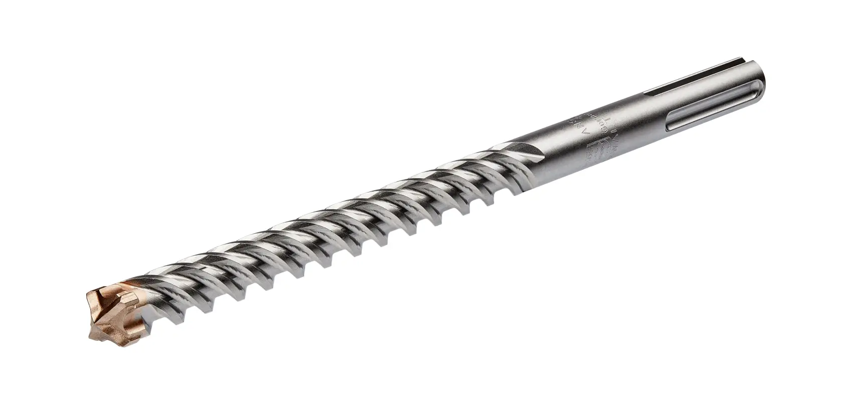 A close-up image of a metal rotary hammer drill bit with a spiral design and a carbide tip, displayed on a white background.